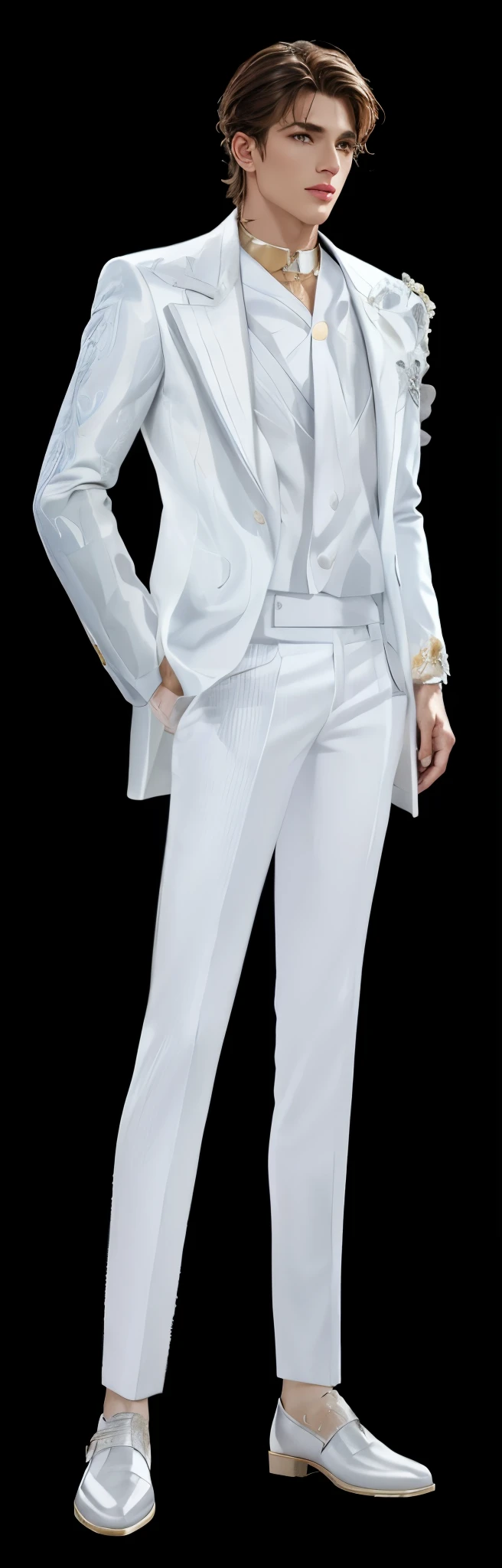 idol，fashion icon，  handsome guy， Idol， White floral embellishment， white suit,  clear clothing design,  Full body close-up, white pants,  Full body shots in super detail, wearing a white tuxedo, 