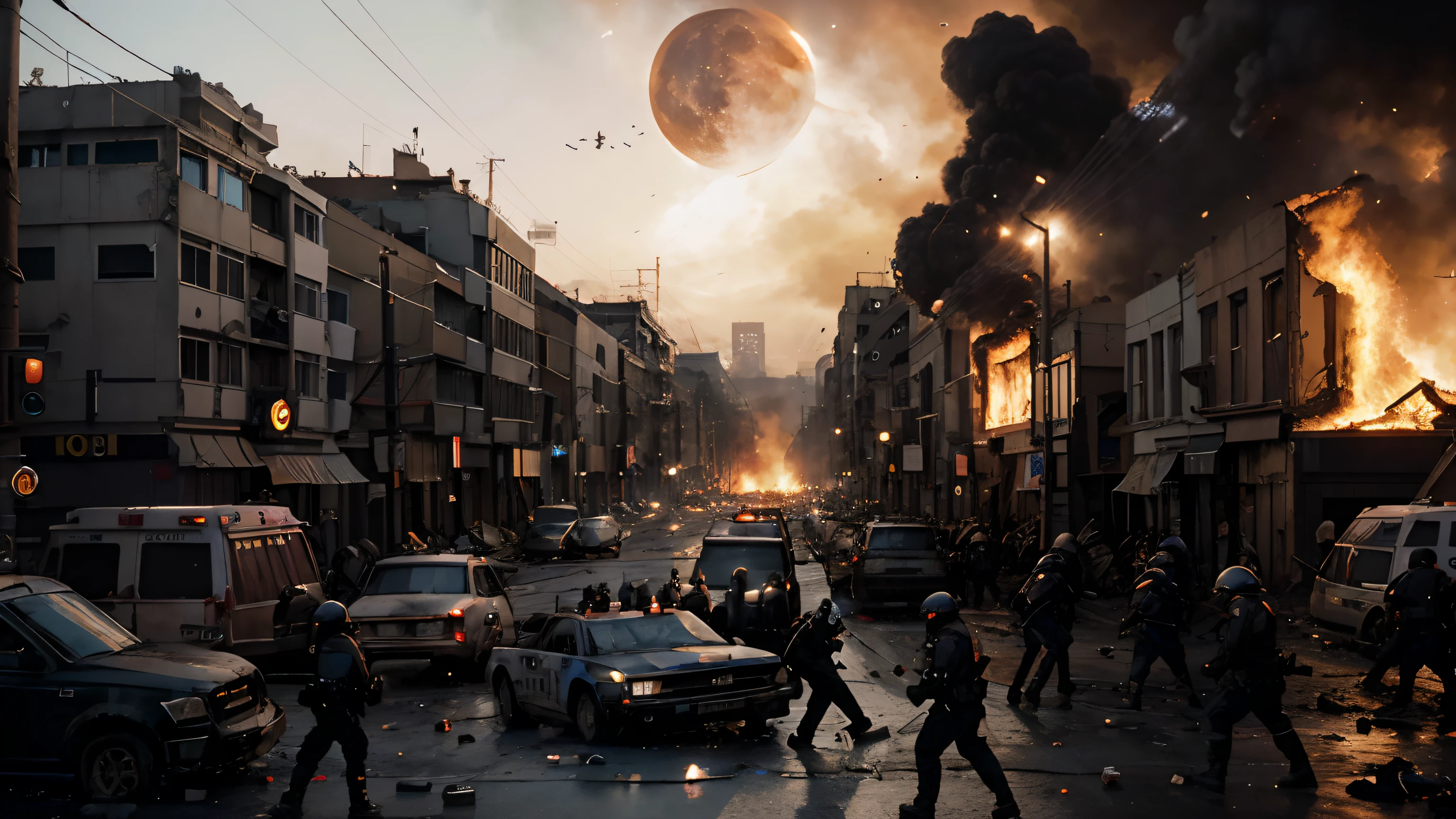 There was a large-scale riot between the police and the public in the streets, Burning building in the background, Street corpse, struggle, bloody, Violence, chaotic, end of the world, 8K, high quality, Very detailed, desolate, die, lunar eclipse, building collapse