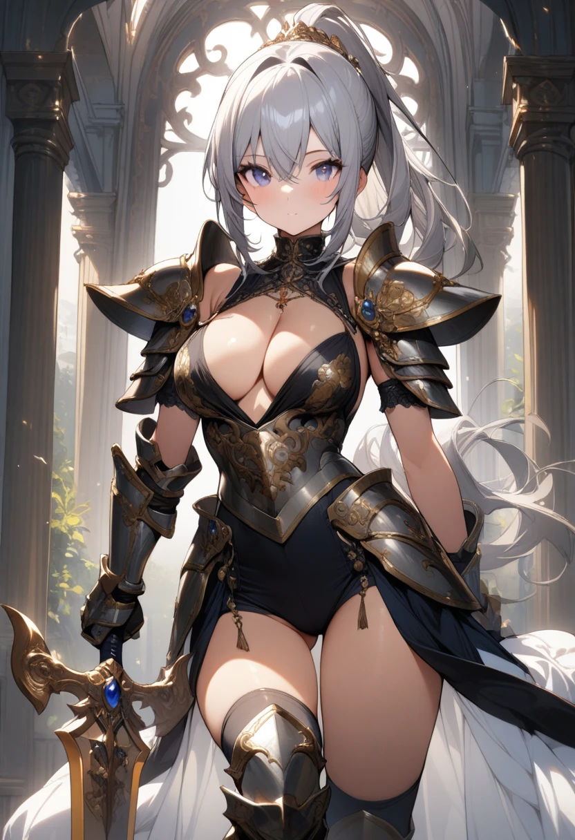 1Girl,Girl,Girl,ultra detailed,()、female knight、silver hair、Heavy armor、cleavage、beautiful gold pattern、ponytail、With a sword in one hand,Luxuriously decorated sword 、masterpiece,best quality