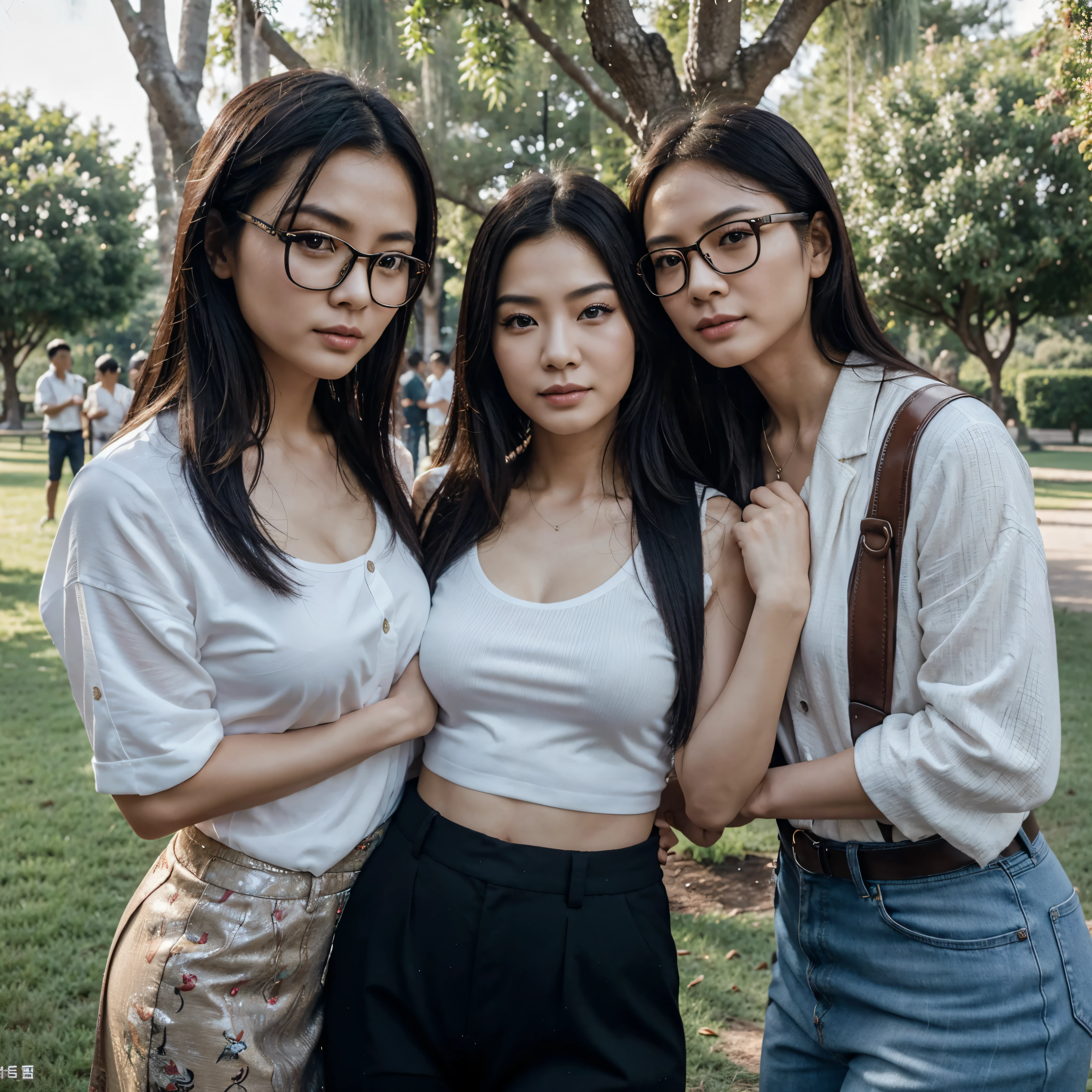 a group consists of 6 chinese men and 3 chinese women age around 50 at the beautiful nice decorated park on gathering party, middle age, skin structure details, photograph, photo realistics, 8k, UHD, extreme details, no defects, very beautiful scenery with the human on the centre of attention, cinematic, sharp colour, rich colour, two men wearing glasses, structure details, fullbody