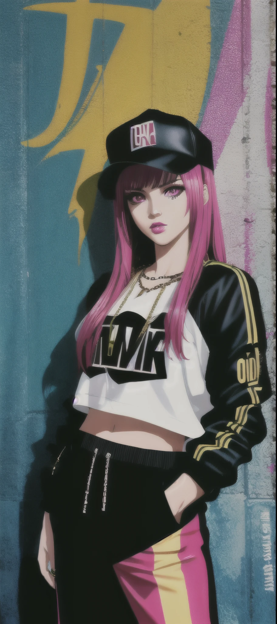90s style  tall thug gangsta, female, saggy creased baggy stylish hip hop clothing, intimidating eyes, glossy lips, detailed facial features, vibrant colors, graffitied urban background, long chain necklace, multiple gold bracelets, tattoos, street swagger, confident pose, neon lights, dark shadows, high contrast, urban fashion style, realistic street art, bold brush strokes, dynamic composition, 3D rendering, highres, masterpiece:1.2, ultra-detailed, photo-realistic:1.37, HDR, studio lighting
