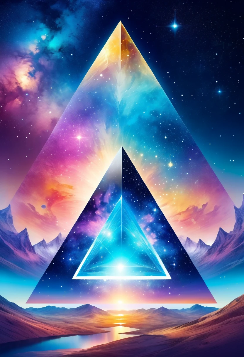 Huge triangle，Magnificent cosmic starry sky background，Intricate illustration in surreal art style，surreal dream，Dubrec style，Transparent geometric shape close-up，（multiple exposure：1.8），
