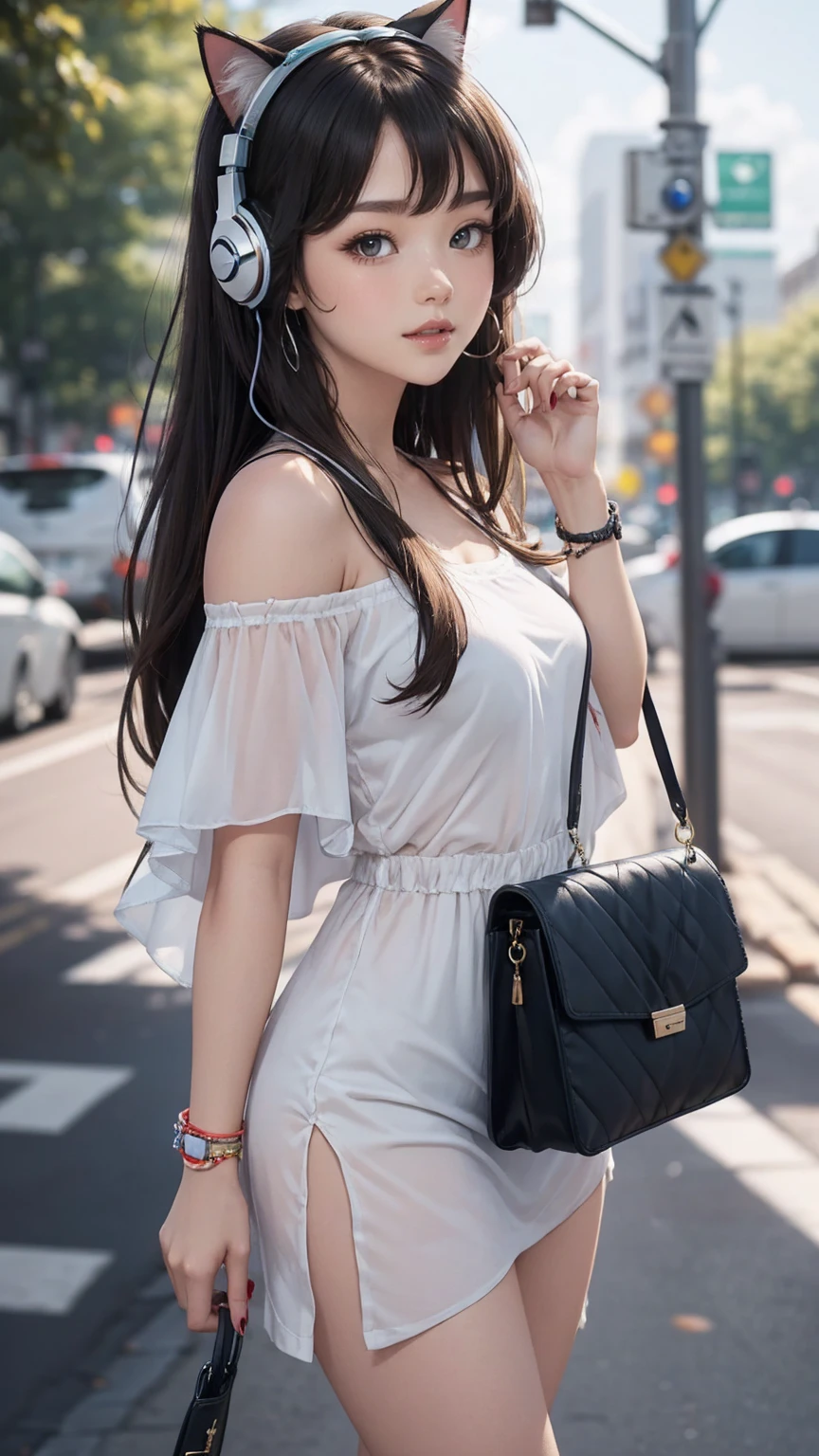 最high quality, 8K, masterpiece: 1.3, Ultra HD, high quality, 最high quality, High resolution, realism)) 、25 year old white woman、brunette、blue eyes、long hair、smile、slender、slenderだがアスリートのような細マッチョ、I don't want my head to disappear from the screen.、Wear accessories on your wrist、Wearing red nail polish、I have a peticure、Wear a sheer, off-the-shoulder bodycon top、wear sandals、have a clutch bag、Skyscraper background、Waiting for a traffic light at an intersection、crystal earrings((crystal earrings))、inner color((colored inner hair))、long hair ((long hair))、dark blonde、Bangs at the parting((parted bangs))、Cat ear headphones((cat ear headphones))、background blur((depth of field))