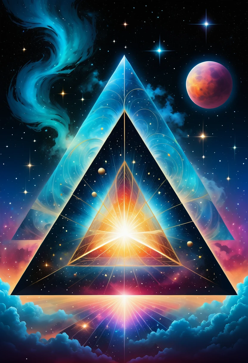 Huge triangle,Magnificent cosmic starry sky background,Intricate illustration in surreal art style,surreal dream,Dubrec style,Transparent geometric shape close-up,(multiple exposure:1.8),