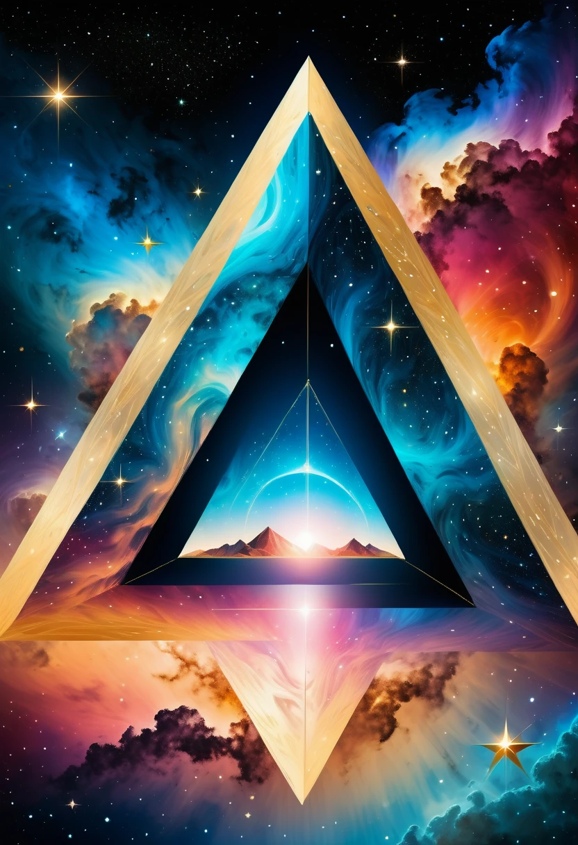Huge triangle,Magnificent cosmic starry sky background,Intricate illustration in surreal art style,surreal dream,Dubrec style,Transparent geometric shape close-up,(multiple exposure:1.8),