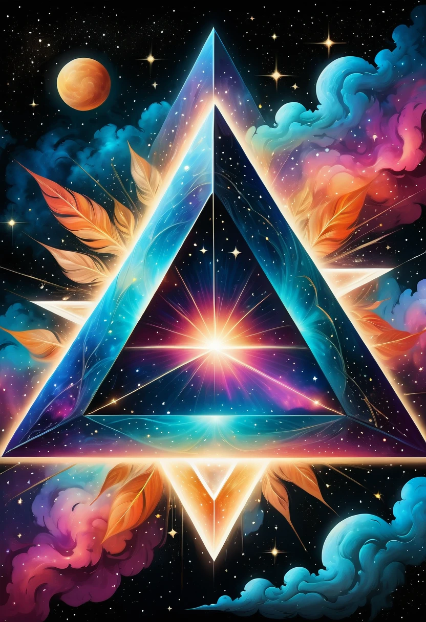 Huge triangle，Magnificent cosmic starry sky background，Intricate illustration in surreal art style，surreal dream，Dubrec style，Transparent geometric shape close-up，（multiple exposure：1.8），