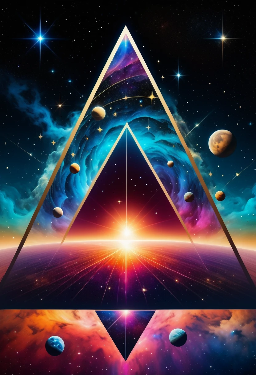 Huge triangle，Magnificent cosmic starry sky background，Intricate illustration in surreal art style，surreal dream，Dubrec style，Transparent geometric shape close-up，（multiple exposure：1.8），