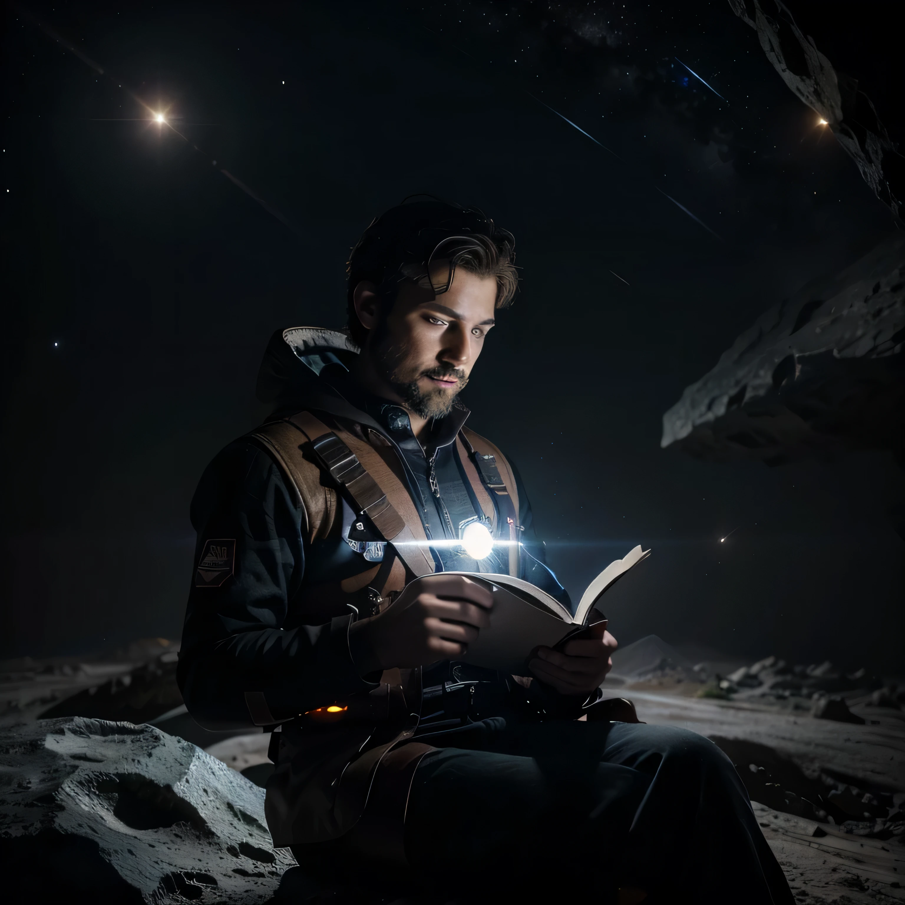 Draw a young programmer, sitting on a research platform floating in the middle of an asteroid belt. He is studying with a notebook, surrounded by several asteroids glowing with fiery auras. Dramatic lighting from distant stars and planets illuminates the scene, casting deep shadows on the suit. The young man looks confident and determined, looking at the vast and mysterious universe with wonder and respect,facial hair, cowboy shot,