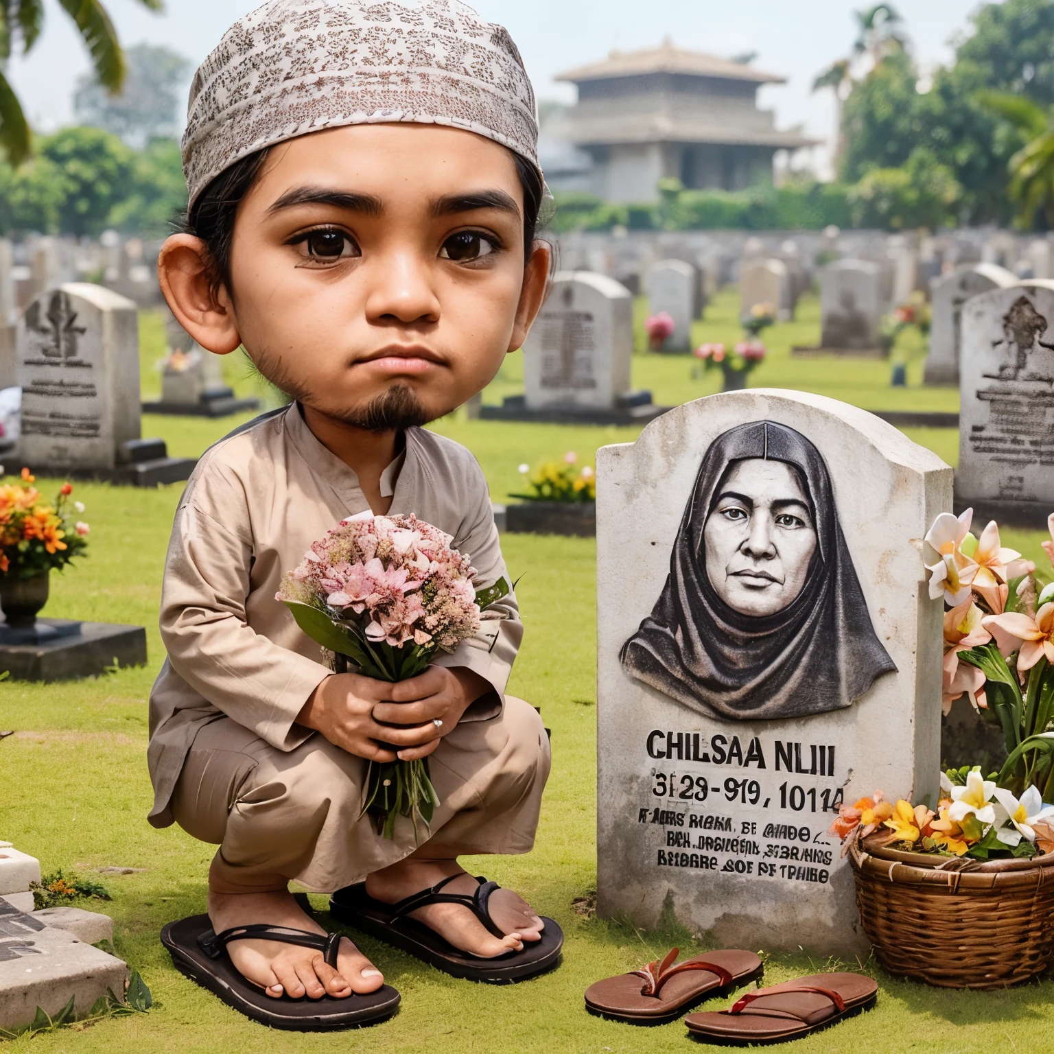 Create a super realistic caricature of an Indonesian Muslim man with neat hair, clean face, sarong and contemporary casual clothes, flip-flops. looking sad while squatting while scattering flowers in front of Muslim graves. Inside the tombstone there is a photo of the mother and the words "Chosiah Nuri" which can be clearly read. The background of the general cemetery is a cemetery, there are only a few frangipani trees. very detail, 8k, smooth, cute