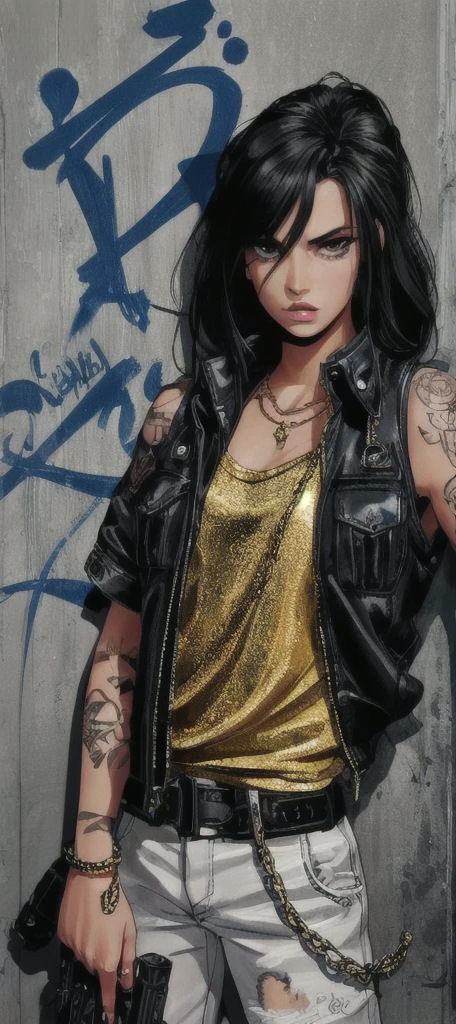 90s style tall thug gangsta, female, with gun, saggy creased baggy stylish hip hop clothing, intimidating eyes, glossy lips, detailed facial features, dark contrast graffitied urban background, long chain necklace, multiple gold bracelets, tattoos, street swagger, confident pose, dark shadows, high contrast, urban fashion style, realistic street art, bold brush strokes, dynamic composition, highres, masterpiece:1.2, ultra-detailed, , HDR, studio lighting