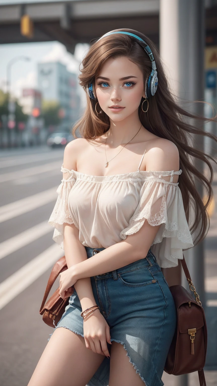 最high quality, 8K, masterpiece: 1.3, Ultra HD, high quality, 最high quality, High resolution, realism)) 、25 year old white woman、brunette、blue eyes、long hair、smile、slender、slenderだがアスリートのような細マッチョ、I don't want my head to disappear from the screen.、Wear accessories on your wrist、Wearing red nail polish、I have a peticure、Wear a sheer, off-the-shoulder bodycon top、wear sandals、have a clutch bag、Skyscraper background、Waiting for a traffic light at an intersection、crystal earrings((crystal earrings))、inner color((colored inner hair))、long hair ((long hair))、dark blonde、Bangs at the parting((parted bangs))、Cat ear headphones((cat ear headphones))、background blur((depth of field))