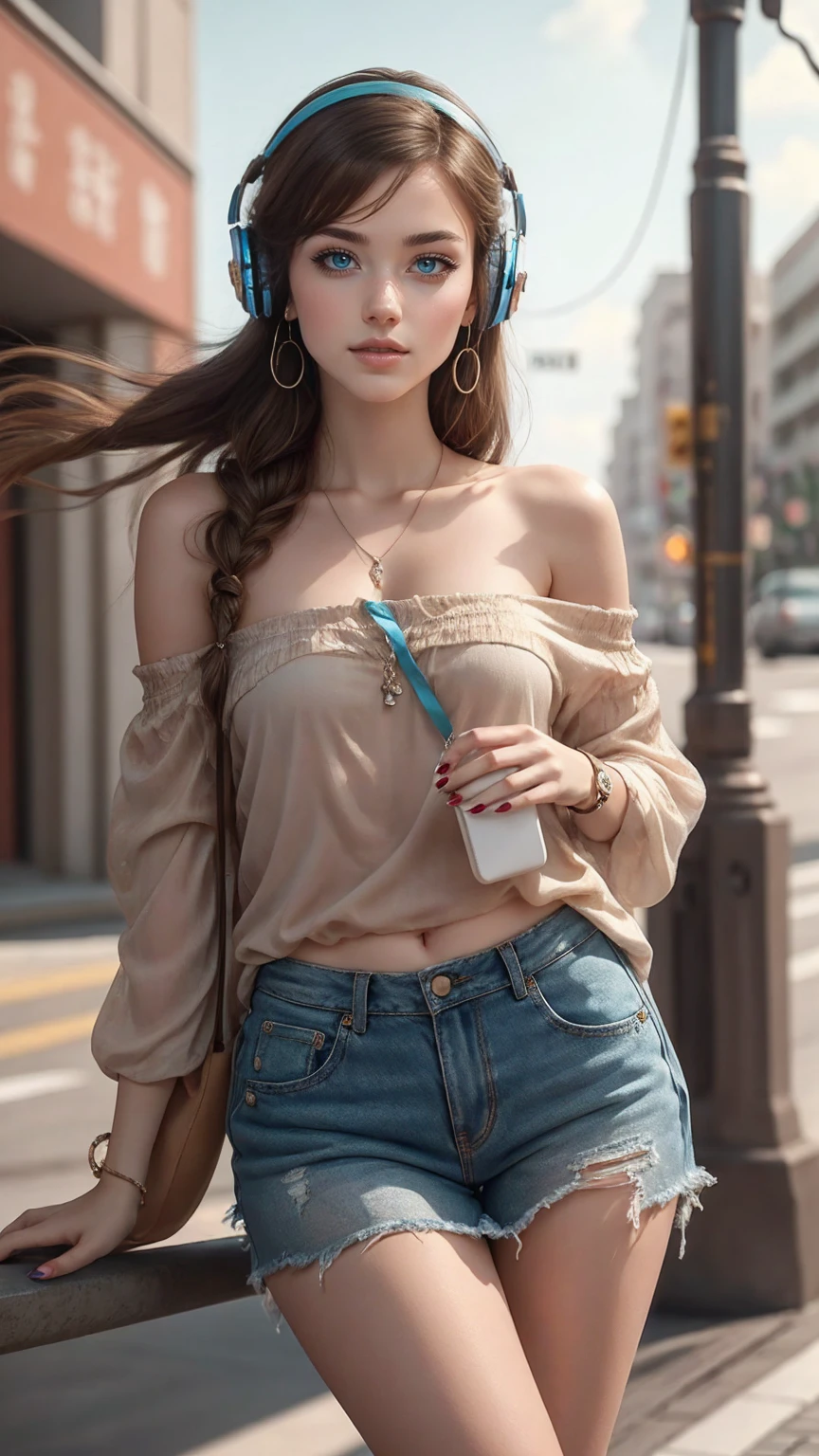 最high quality, 8K, masterpiece: 1.3, Ultra HD, high quality, 最high quality, High resolution, realism)) 、25 year old white woman、brunette、blue eyes、long hair、smile、slender、slenderだがアスリートのような細マッチョ、I don't want my head to disappear from the screen.、Wear accessories on your wrist、Wearing red nail polish、I have a peticure、Wear a sheer, off-the-shoulder bodycon top、wear sandals、have a clutch bag、Skyscraper background、Waiting for a traffic light at an intersection、crystal earrings((crystal earrings))、inner color((colored inner hair))、long hair ((long hair))、dark blonde、Bangs at the parting((parted bangs))、Cat ear headphones((cat ear headphones))、background blur((depth of field))