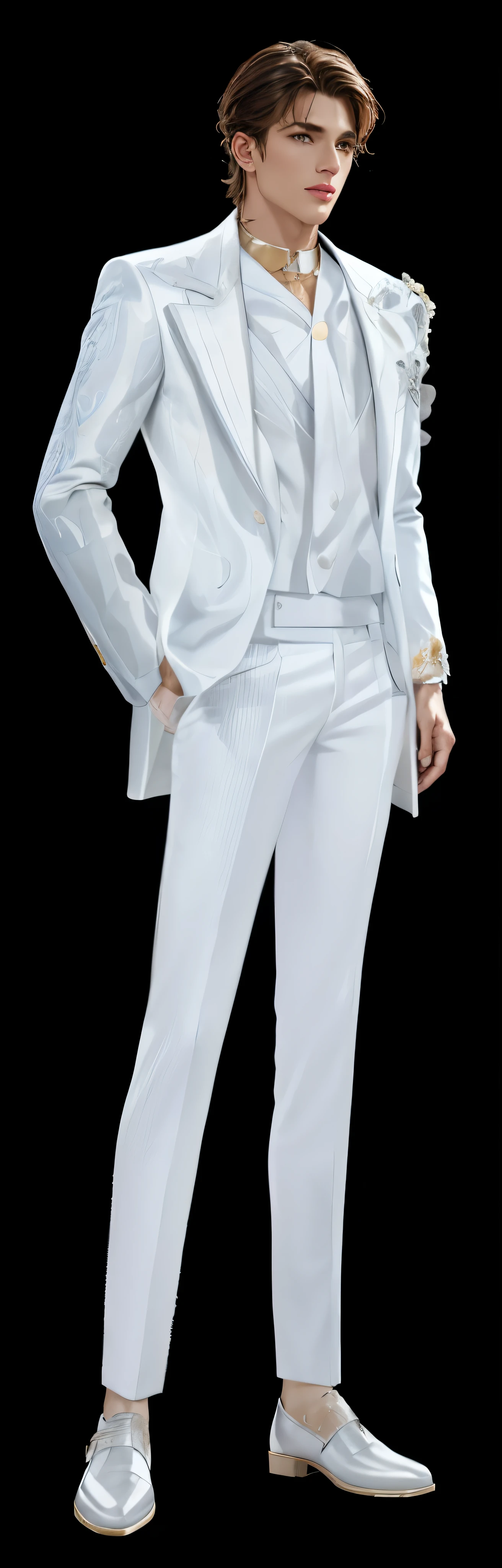 idol,fashion icon, handsome guy, Idol, White floral embellishment, white suit, clear clothing design, Full body close-up, white pants, Full body shots in super detail, wearing a white tuxedo,