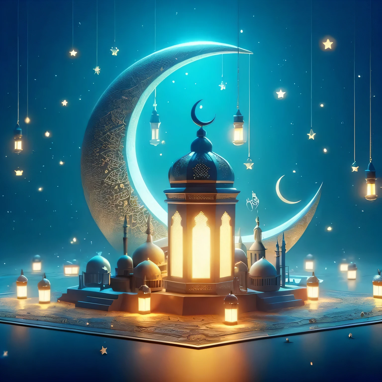 a mosque with a crescent and lanterns in the night, Arabian Nights, Arabian Nightss, themed on the stars and moon, ☁🌪🌙👩🏾, mosque, night with moon and candle, moon and candle, at night, ✨🕌🌙, moon and stars, the moon and stars, arabic art, 8k high quality detailed art, dream night