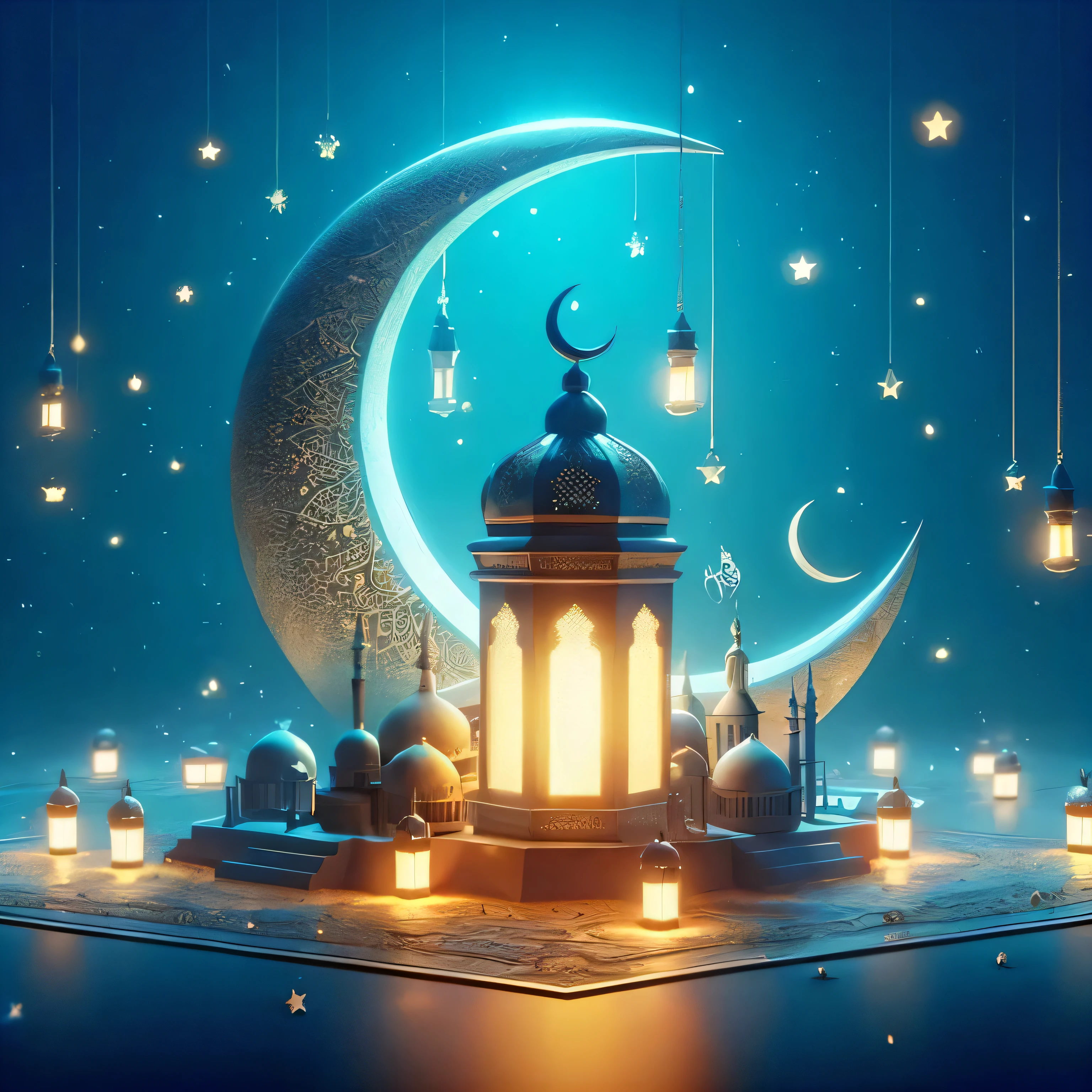 a mosque with a crescent and lanterns in the night, Arabian Nights, Arabian Nightss, themed on the stars and moon, ☁🌪🌙👩🏾, mosque, night with moon and candle, moon and candle, at night, ✨🕌🌙, moon and stars, the moon and stars, arabic art, 8k high quality detailed art, dream night