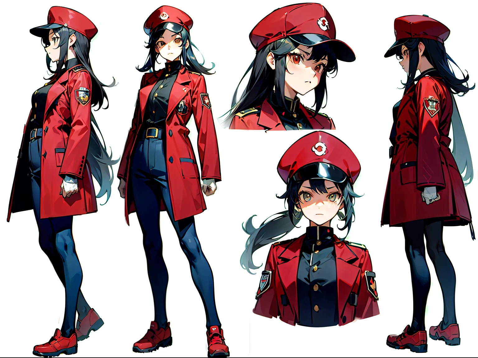 ((Masterpiece, Highest quality)), Detailed face, character sheets, full body, Full of details, Multiple poses and expressions, front view,side view,backview, character sheet,Highly detailed, Depth, Many parts，SF baseball uniformを着たアニメの女性キャラクター, 1 person, baseball hat, world１beautiful girl, ((red coat,baseball uniform,Imperial Military Uniform)),Nikkapokka,anime moe art style, anime girl, young anime woman, Kim Hyun Tae　Illustration style,Shigeki Soejima Illustration style（Persona), TRIGGER Animation Styles, baseball Ground, high quality