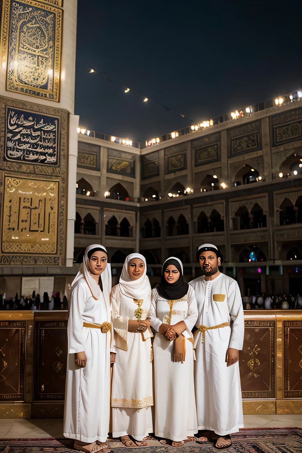 muslim family in front of the kaaba, husband and wife and 2 4 year old girls and 17 year old girl happy family, 🔞🤡, profile photo 1024px, mecca, indonesian family portrait, profile photo, tradition, family, muslim, profile photo, wearing white robes !, mekka, trending, malaysia, al-haram mosque in mecca