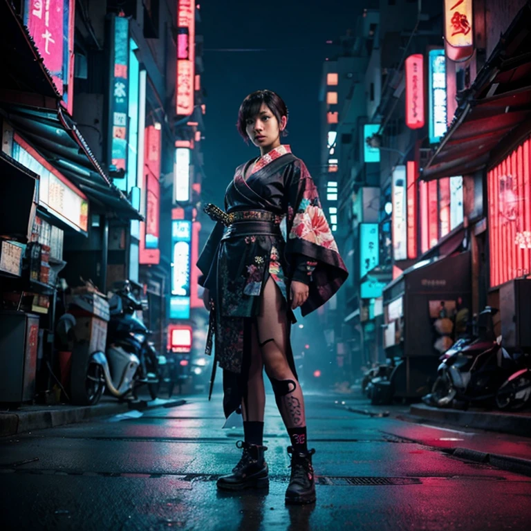 full-body shoot photography, Cyberpunk style. an Indonesian woman with a round face, short hair, 20 years old, flat face, wearing a kimono. carrying a sword. Japanese cyberpunk night background. hyperrealistic photography, RAW, cinematic style, turned to the camera