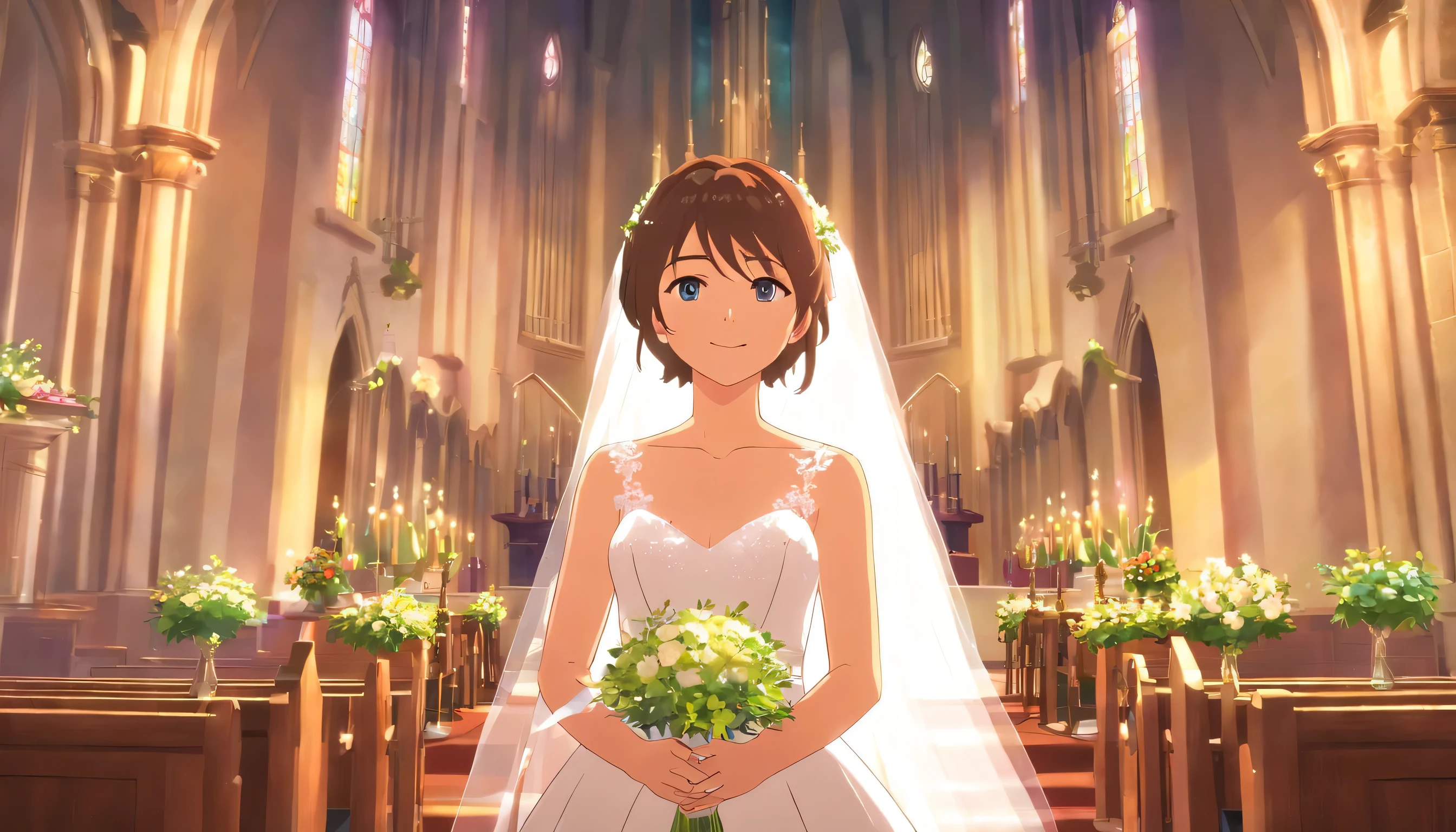 A bride looks on in a church, smiling。whole body。highest quality。