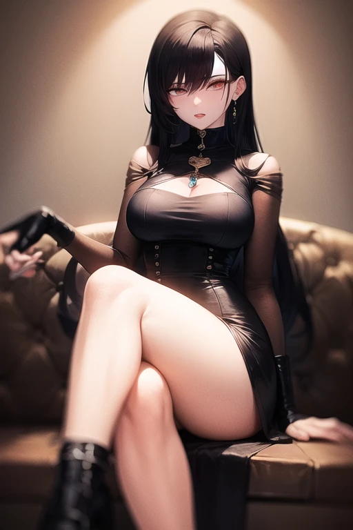 a sexy 19 year old light skinned girl with long black hair wearing a somewhat revealing black dress and a dark jacket ,while she is a boss of a dangerous mafia and she is also wearing some gold jewelry and she looks a little crazy and imposing and she is sitting on a stylish sofa in a black background