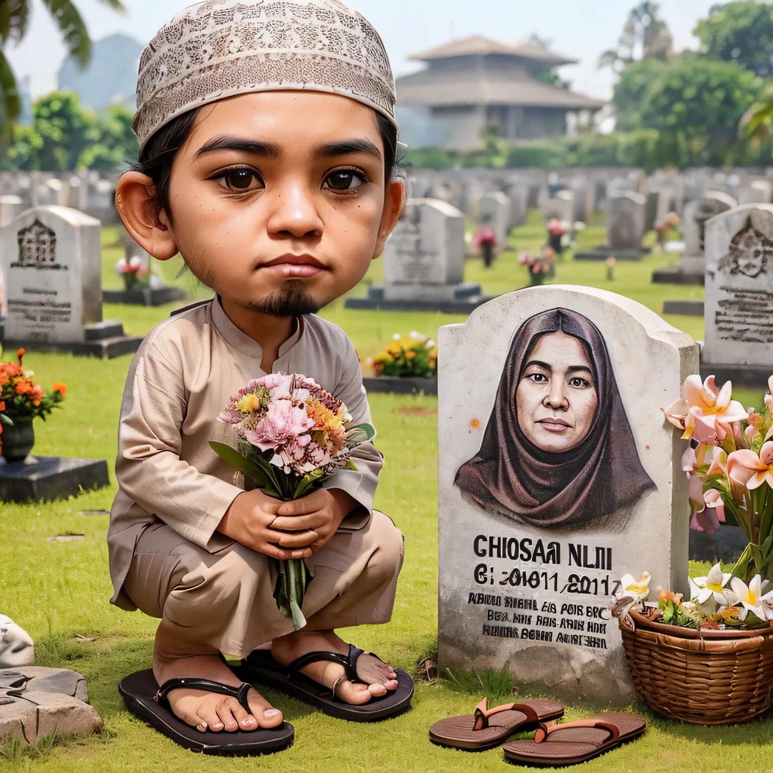 Create a super realistic caricature of an Indonesian Muslim man with neat hair, clean face, sarong and contemporary casual clothes, flip-flops. looking sad while squatting while scattering flowers in front of Muslim graves. Inside the tombstone there is a photo of the mother and the words "Chosiah Nuri" which can be clearly read. The background of the general cemetery is a cemetery, there are only a few frangipani trees. very detail, 8k, smooth, cute
