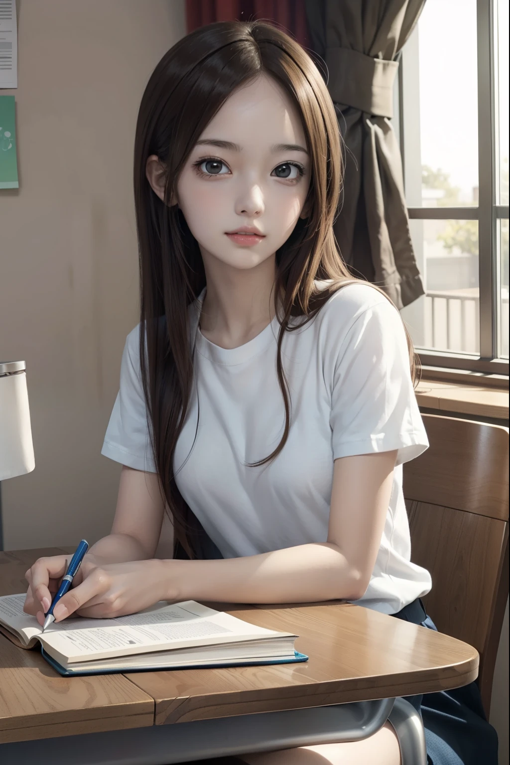 anime girl sitting at a desk with a book and a pencil\, beautiful anime high school girl, early twienties, takagi, an anime girl, a hyperrealistic , smooth anime cg art, official artwork, anime girl with long hair, realistic, , very realistic face, white shirt, very good looking