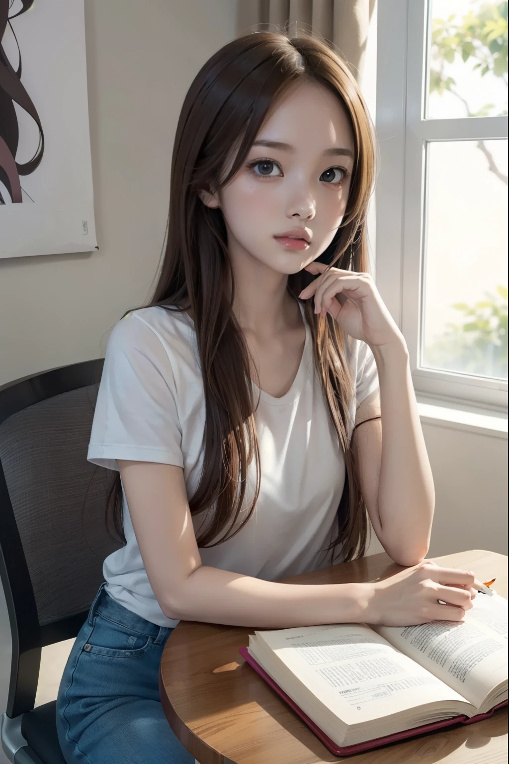 anime girl sitting at a desk with a book and a pencil\, beautiful anime high school girl, early twienties, takagi, an anime girl, a hyperrealistic , smooth anime cg art, official artwork, anime girl with long hair, realistic, , very realistic face, white shirt, very good looking