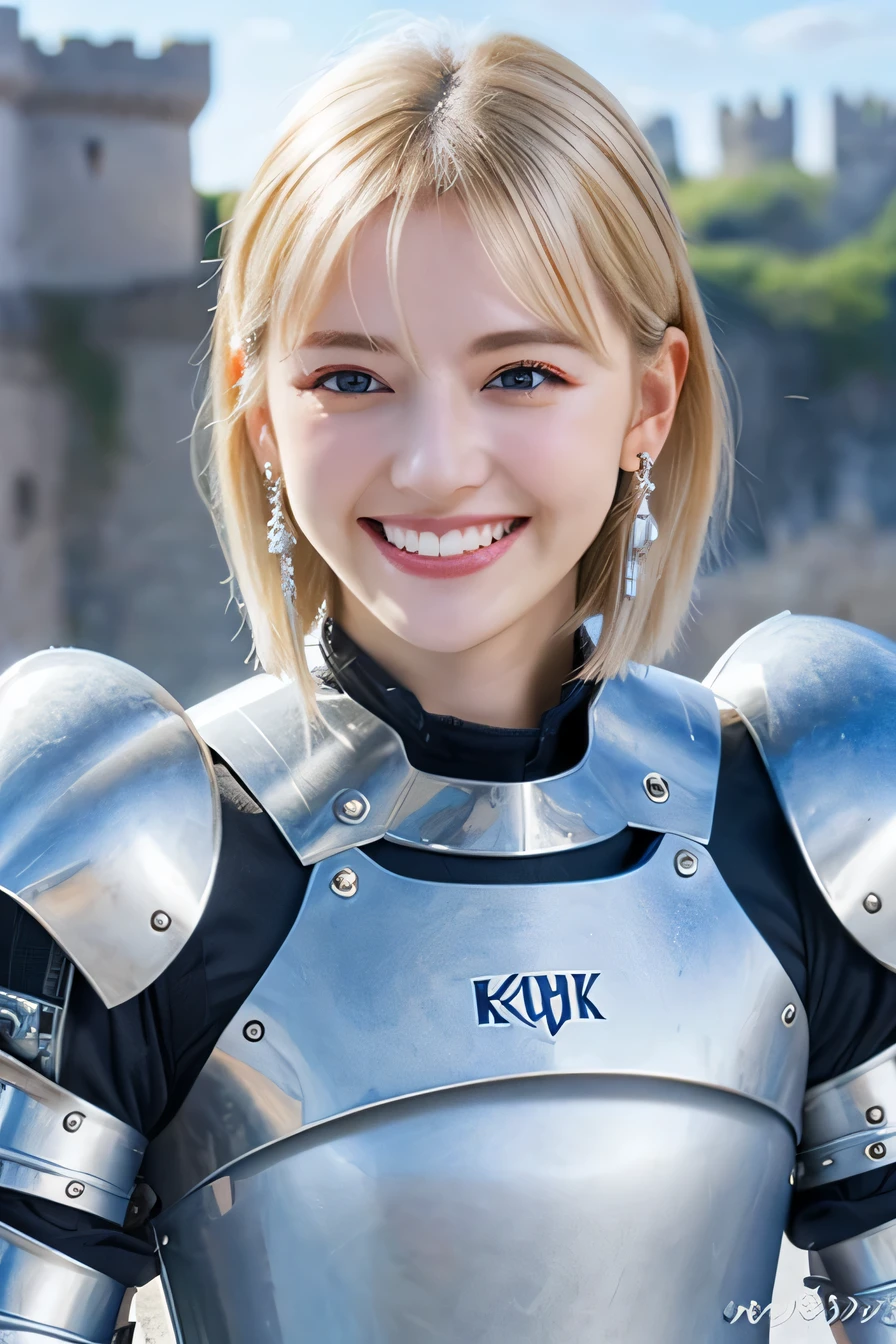 K、highest quality、female knight、The background is a castle、Luxurious Silver Armor、heavy equipment、hairstyle short cut、smile、beautiful teeth、full body photo、ear piercing、white woman、blonde hair、blue eyes、Gummy Smile、The background is a cloudy sky、heavy makeup