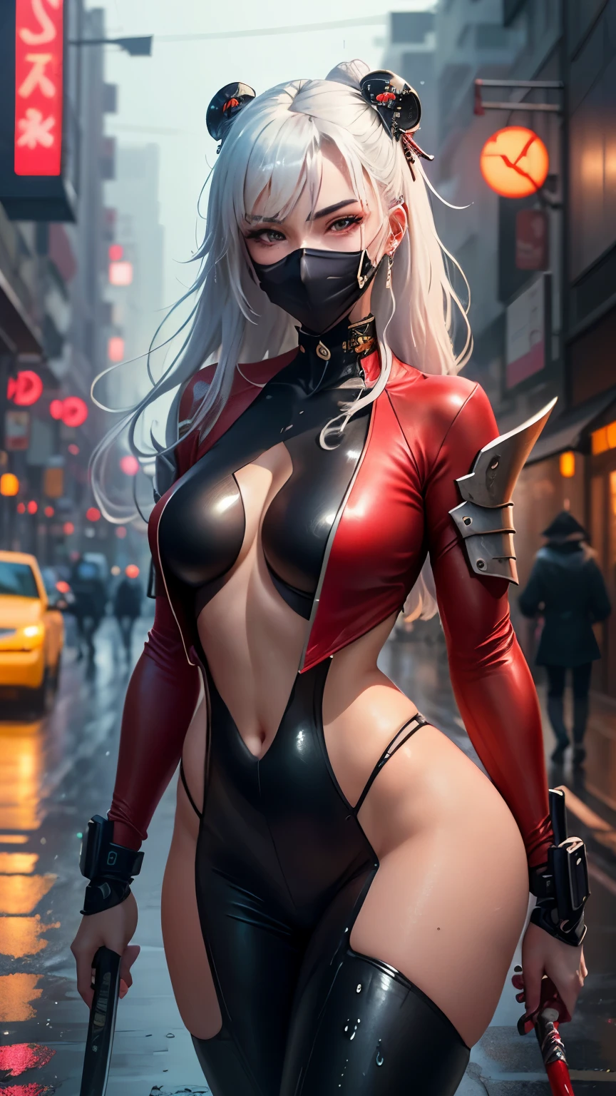 Graceful cyberpunk samurai woman with luminous white hair and tantalizing mask in a ruby red silk suit, unearthing a gleaming obsidian katana, under spellbinding galaxy-lit, rain-drenched dystopian city streetscape embodying a fusion of hyperrealistic 3D with Guweiz anime sophistication, in full-bodied splendor.Body.