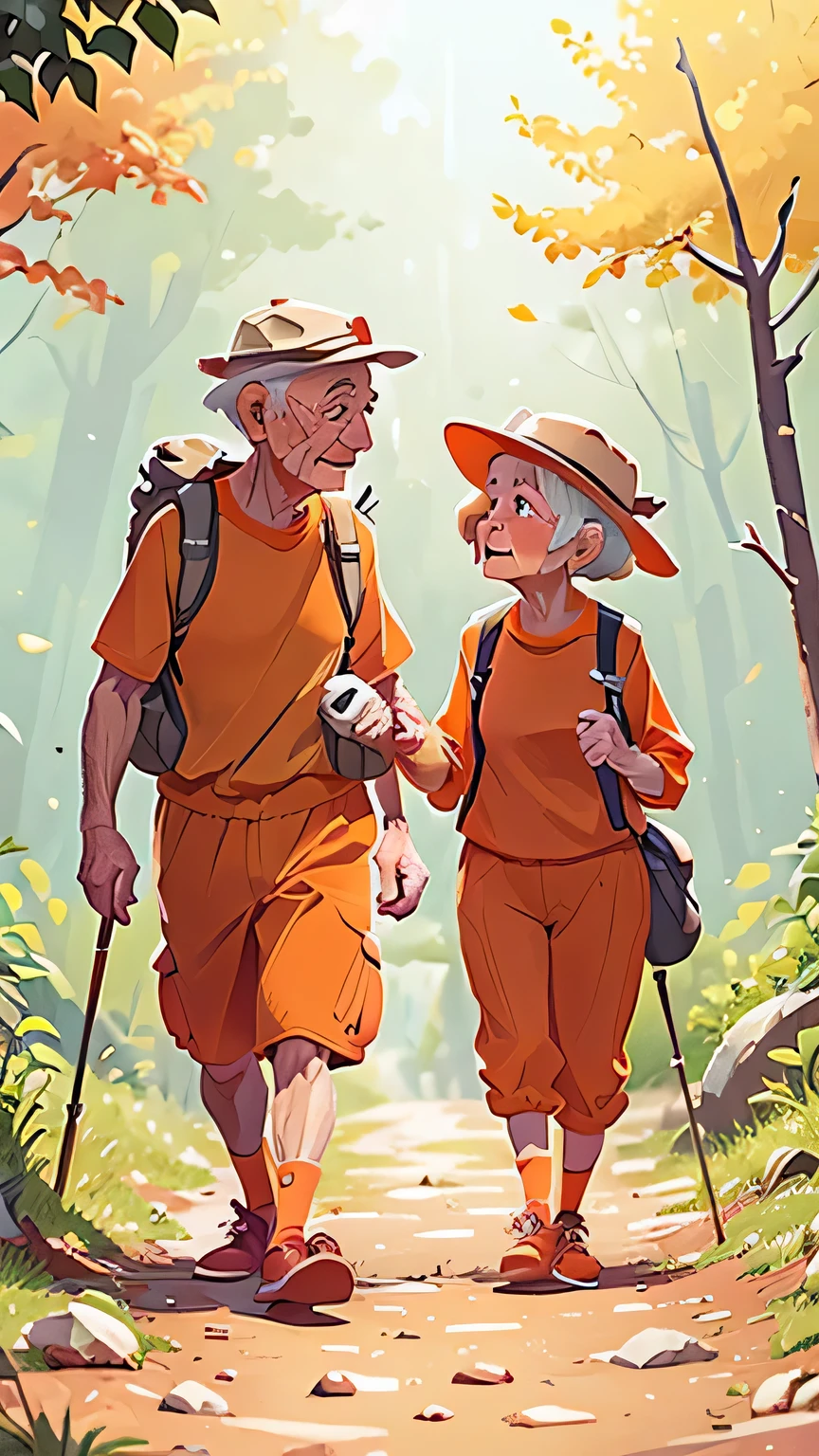 An elderly couple in orange clothes are hiking in a scenic area,in, matte illustration, Orange is the most popular color