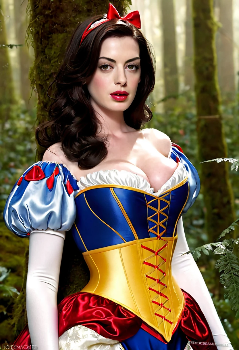 Princess Snow White, 18 years old, short black bob hair, red headband, large breasts, tight blue shirt. yellow skirt Sitting with legs open, red lace panties visible.,Random camera angle.,Close the center of the image.., Extraordinarily detailed illustrations of (((A girl with big breasts and big breasts is moving...))), Illuminating and fascinating, darkและน่าขนลุก, dark, Vivid fantasy kingdom, (Third rule) Depth of intricate detail, Delicate color, Wonderland, very detailed, The focus is very sharp.., light particles, Attention to details, Grandeur and awe, cinema, A stunning visual masterpiece, double exposure, realistic, cinematic scene, Highest quality, 32ก, Octane rendering, ((Styles that blend together perfectly...)), (((Seamless integration))), (((Environmental outline))), ((Detailed Environment))) ,cinematic, play,Bokeh 