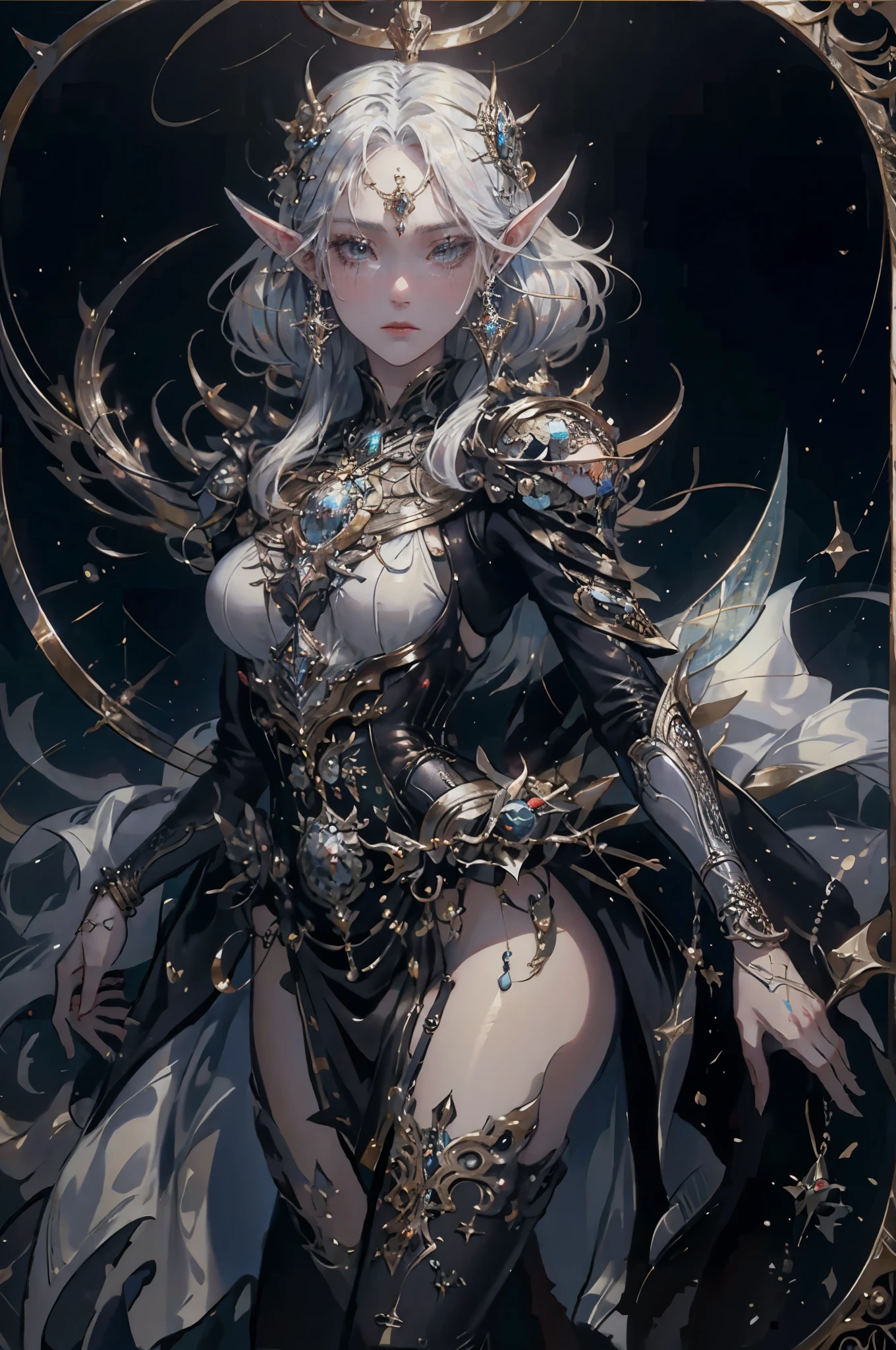 (masterpiece), highest quality, perfect face, whole body,sea view, Mysterious,#Genshin Impact Pixiv, very detailed, beautiful, concept art, super fine details, breathtaking, 8K resolution, V Raytracing, movie poster, 3D Shading, unreal engine 5, cel shading, intricately detailed,Depth of the bounds written, a portrait of a beautiful young Swedish porcelain woman by "Unreal C",Digital single-lens reflex camera, shine ,Aetherpunk , ((fairy core:1.3)) , ponytail, stand under the sun, Short sleeve skin tight blouse, (Tight fitting loincloth:1.3), abdomen, fine eyes. 4k, HDR, (very detailed, detailed realistic eyes, clear eyes), Long silver hair fluttering in the wind、 RAW Color Art, fine hair, cinematic lighting, Shadow Wavering, global illumination, highly fine hair, beautiful , detailed pupil, (very complex and detailed),standing up straight, looking at the viewer, photo shoot, realistic, photo-realistic, 16k, very detailed, diffused soft lighting, shallow Depth of the bounds written. movie stills, Filmed with v-raptor XL, film grain, 35mm film, live action, highest quality, in the atmosphere, a masterpiece, amazing, amazing, dramatic
