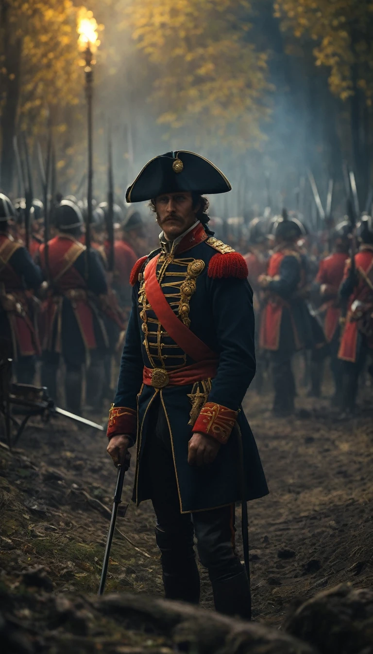 Battle of Borodino, Realities, background dark, hyper realistic, ultra detailed hyper realistic, photorealistic, Studio Lighting, reflections, dynamic pose, Cinematic, Color Grading, Photography, Shot on 50mm lens, Ultra-Wide Angle, Depth of Field, hyper-detailed, beautifully color, 8k