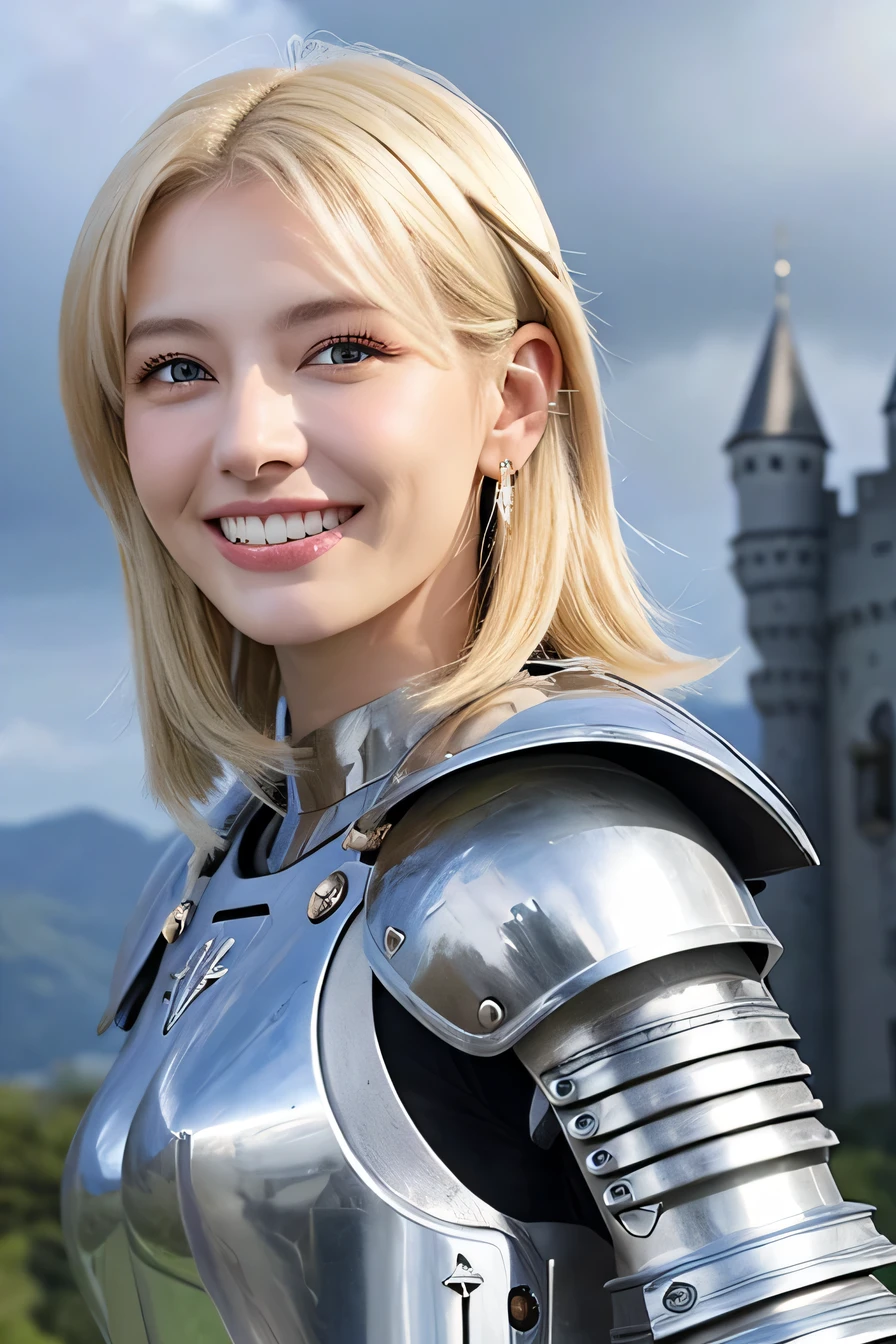K、highest quality、female knight、The background is a castle、Luxurious Silver Armor、heavy equipment、hairstyle short cut、smile、beautiful teeth、full body photo、ear piercing、white woman、blonde hair、blue eyes、Gummy Smile、The background is a cloudy sky、heavy makeup、Dragon helmet covering the head