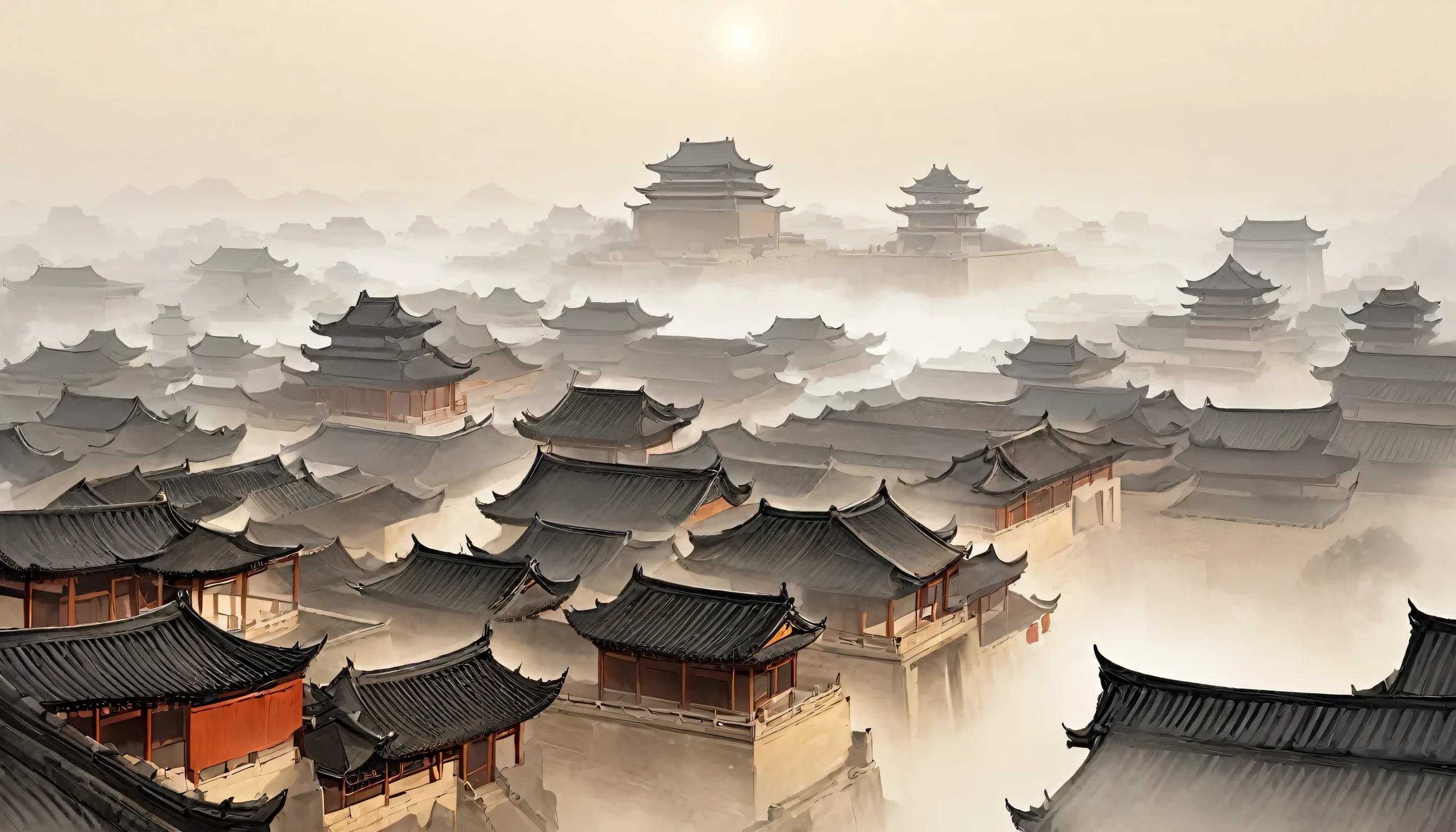 ancient china, misty, no human, beige-color background, ancient china with roofs looming in the mist in the afternoon