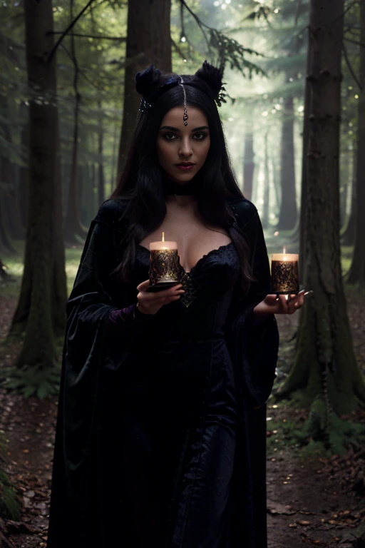 An enigmatic enchantress is in an enchanted forest, dressed in dark velvet robes that blend with the shadows, while holding an ancient candelabrum in one hand and her hypnotic gaze inviting the viewer to discover the secrets of nature.