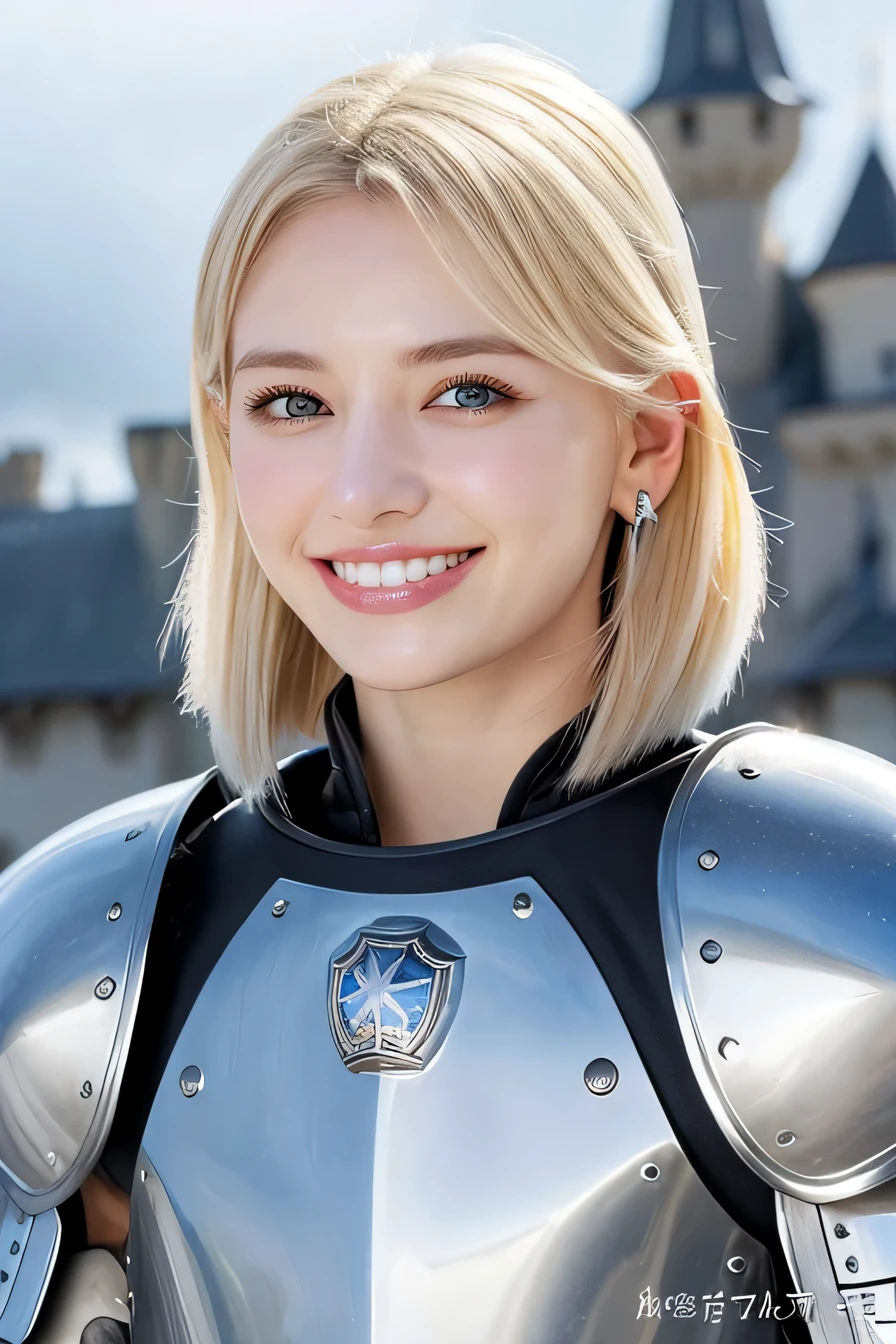 K、highest quality、female knight、The background is a castle、Luxurious Silver Armor、heavy equipment、hairstyle short cut、smile、beautiful teeth、full body photo、ear piercing、white woman、blonde hair、blue eyes、Gummy Smile、The background is a cloudy sky、heavy makeup、mouth half open