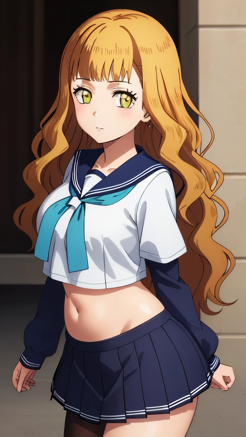 highest quality,very detailed,masterpiece,disorganized,detailed face,beautiful face,fine eyes, deep eyes,soft expression,girl１name,  Mimosa, green eyes, orange hair, long hair,wavy hair, Bangs Alone, sailor suit,black mini skirt,black tights,belly button,School, stylish pose, stylish angle,looking at the viewer, in the center of the image,cowboy shot,