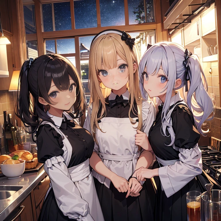 A group of maids, (in kitchen), various hair styles, harem, wearing maid uniform, night, details face, , short skirt, seducing, sleeveless , night, starry night 