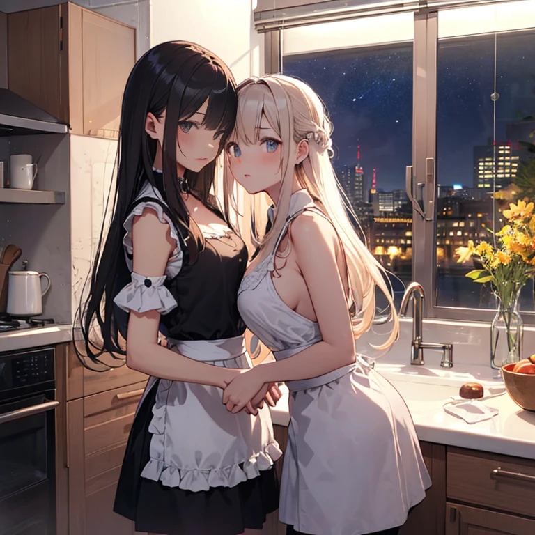 A group of maids, (in kitchen), various hair styles, harem, wearing maid uniform, night, details face, , short skirt, seducing, sleeveless , night, starry night 