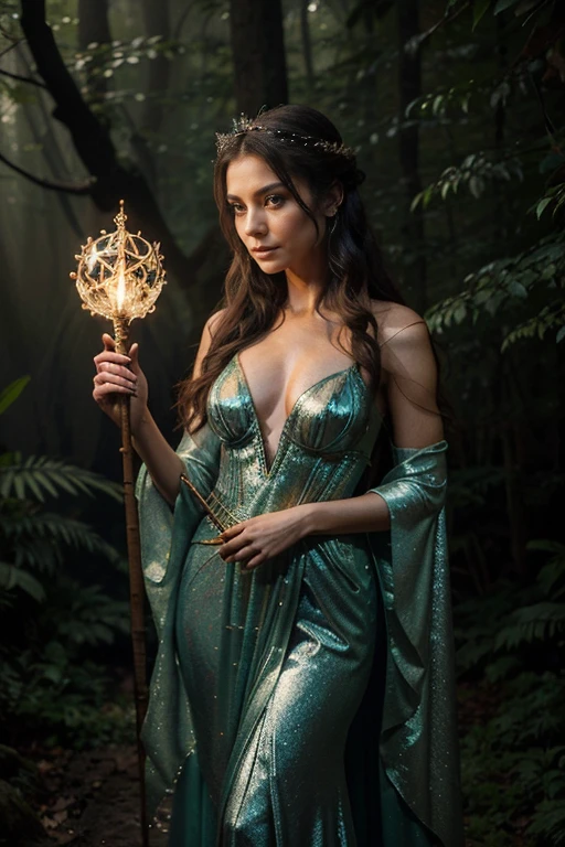 A captivating enchantress stands in the midst of a misty forest, her flowing gown adorned with shimmering crystals that catch the light, while holding a gnarled wooden staff and her piercing gaze hinting at ancient wisdom and magic.