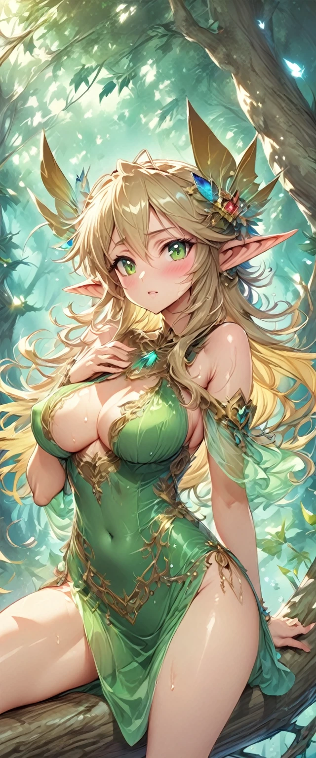 ((masterpiece)), ((best quality)), ((high resolution)), ((Extremely detailed CG unified 8k wallpaper)), ((on a tree branch in the deep forest:1.3)), ((Elven woman cartoon character, Pointed elf ears, wavy blonde hair, green eyes, Bare Skin:1.2)), cowboy shot, skin is wet and shiny, Wearing a flowing minidress and leather armor with gold decorations, Long leather boots, (large breasts), curvy, mature, voluptuous, ((tilts head, View from the front:1.2)), ((squat with legs apart)),