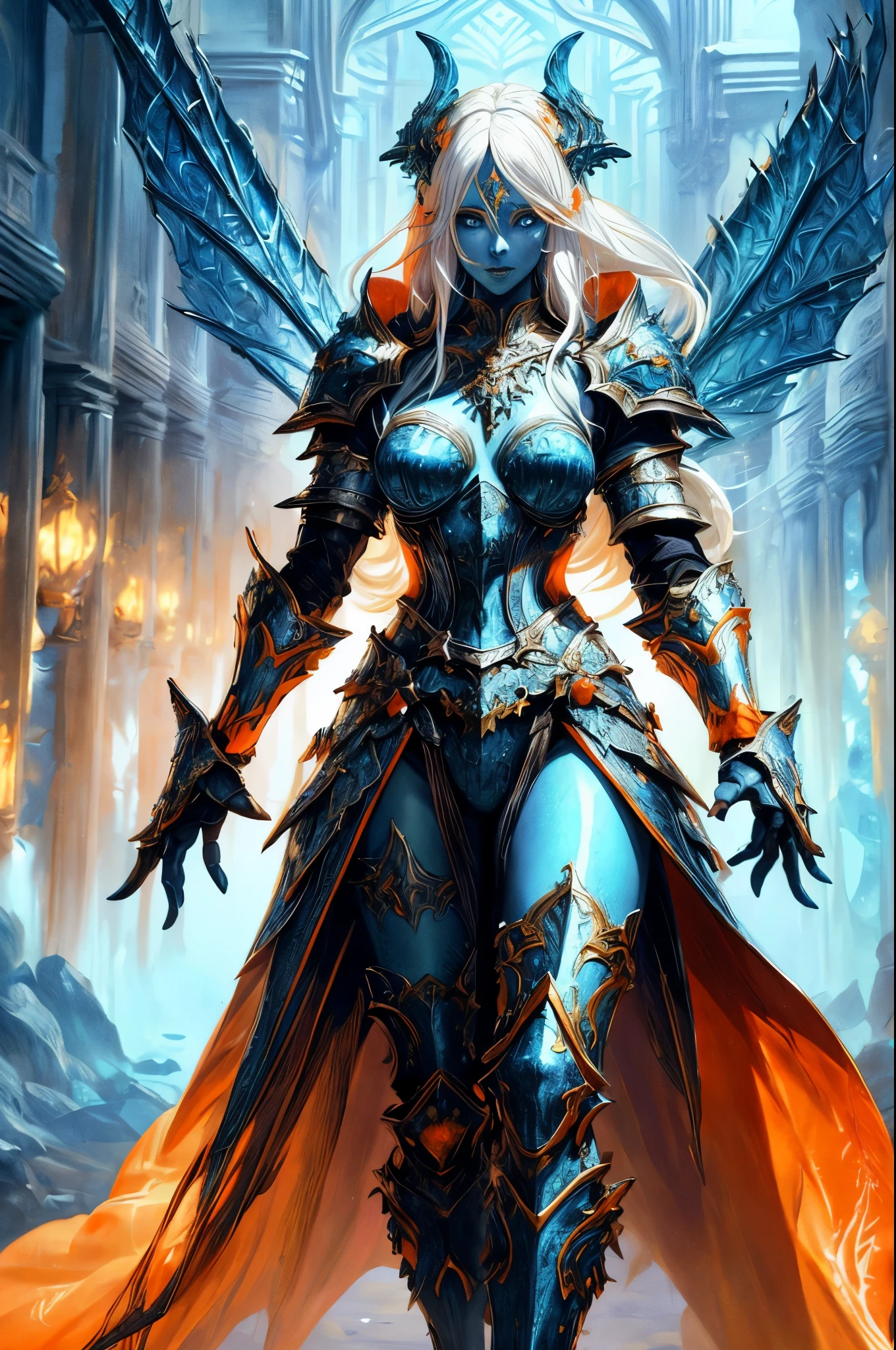 fantasy art, dnd art, RPG art, drkfntasy wide shot, (masterpiece: 1.4) portrait, intense details, highly detailed, photorealistic, best quality, highres, glowing particle portrait a vedalken female (fantasy art, Masterpiece, best quality: 1.3) (blue skin: 1.5), intense details facial details, exquisite beauty, (fantasy art, Masterpiece, best quality)cleric, (blue colored skin: 1.5) blue skinned female, (white hair: 1.3), long hair, intense green eye, fantasy art, Masterpiece, best quality) armed a fiery sword red fire, wearing heavy (white: 1.3) half plate mail armor CM-Beautiful_armor wearing high heeled laced boots, wearing an(orange :1.3) cloak, wearing glowing holy symbol GlowingRunes_yellow, within fantasy temple background, reflection light, high details, best quality, 16k, [ultra detailed], masterpiece, best quality, (extremely detailed), close up, ultra wide shot, photorealistic, RAW, fantasy art, dnd art, fantasy art, realistic art,
