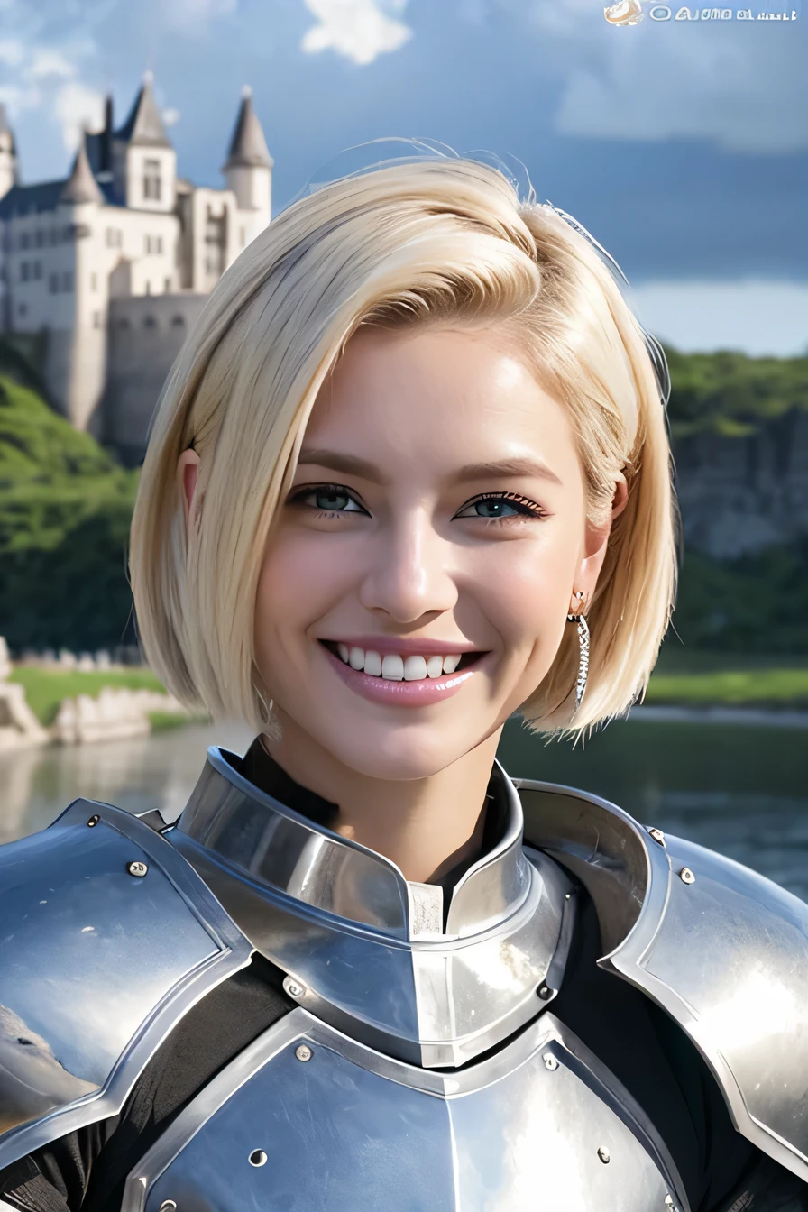 highest quality、female knight、The background is a castle、Luxurious Silver Armor、heavy equipment、hairstyle short cut、smile、beautiful teeth、full body photo、ear piercing、white woman、blonde hair、blue eyes、Gummy Smile、The background is a cloudy sky、heavy makeup、mouth half open