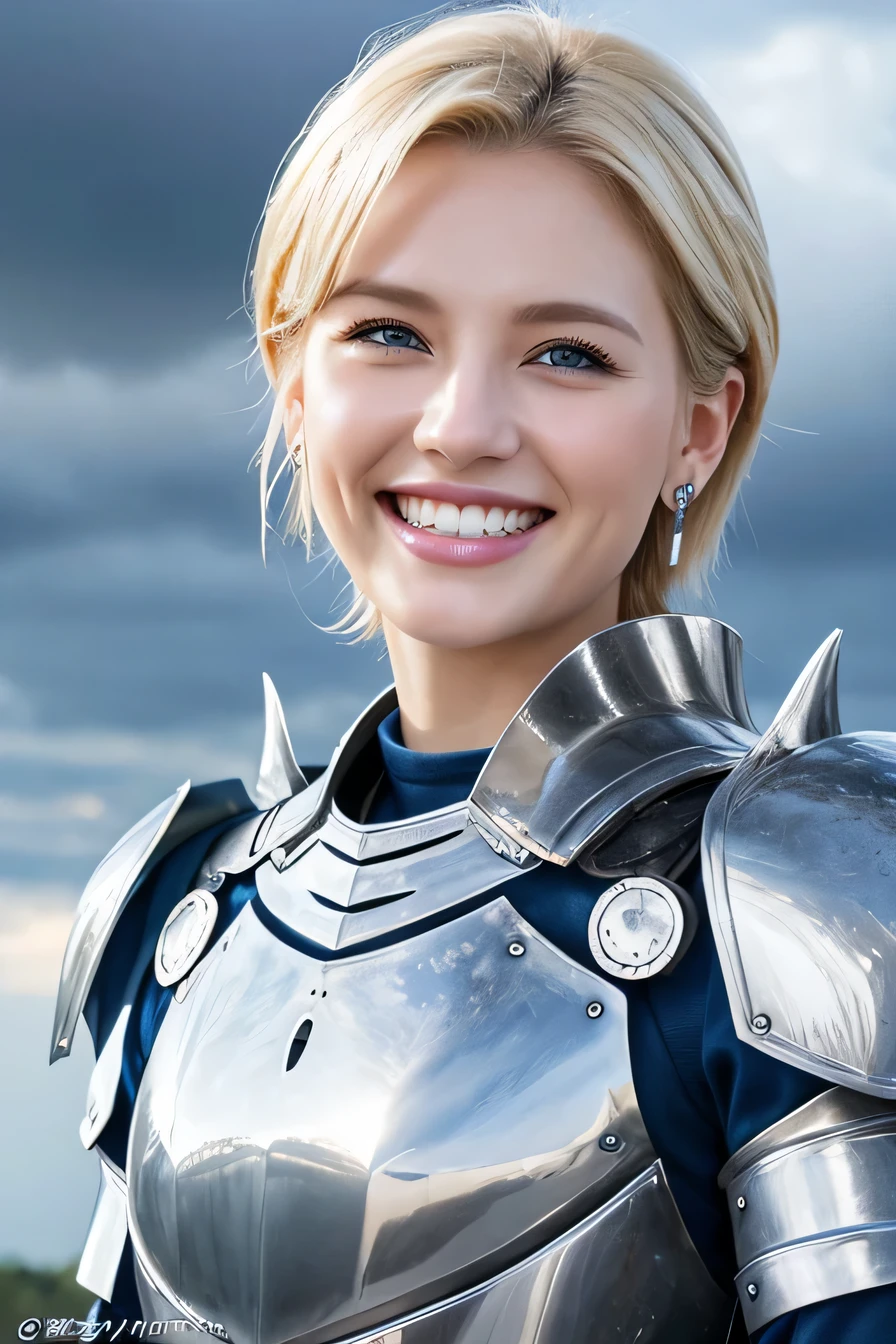 highest quality、female knight、The background is a castle、Luxurious Silver Armor、heavy equipment、hairstyle short cut、smile、beautiful teeth、full body photo、ear piercing、white woman、blonde hair、blue eyes、Gummy Smile、The background is a cloudy sky、heavy makeup、mouth half open

