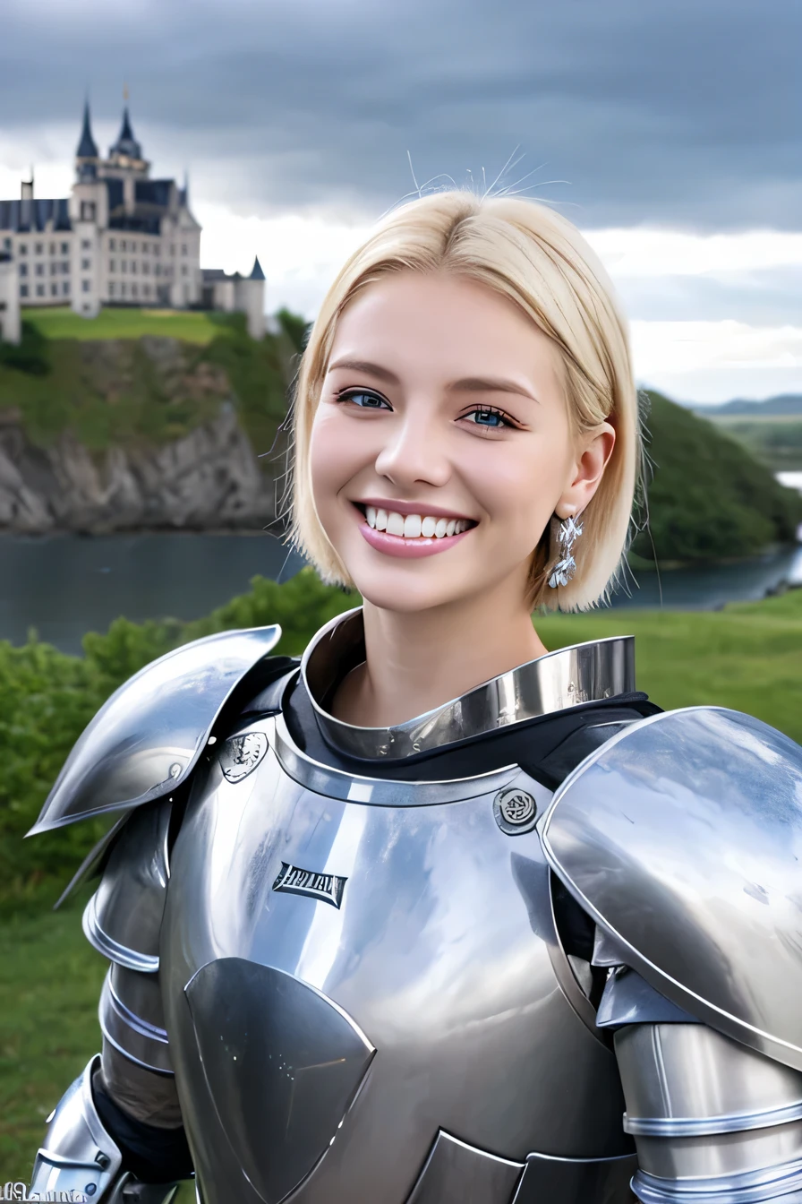 highest quality、female knight、The background is a castle、Luxurious Silver Armor、heavy equipment、hairstyle short cut、smile、beautiful teeth、full body photo、ear piercing、white woman、blonde hair、blue eyes、Gummy Smile、The background is a cloudy sky、heavy makeup、mouth half open

