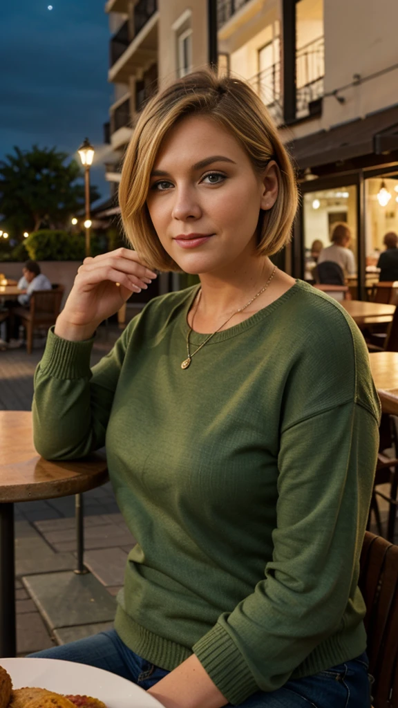mature blonde woman, green eyes, 50 years old, (plussize) with short bob hair, good hand, she is wearing warm clothes sitting at a table on a terrace of a restaurant at the top of a building, observing a night in São Paulo