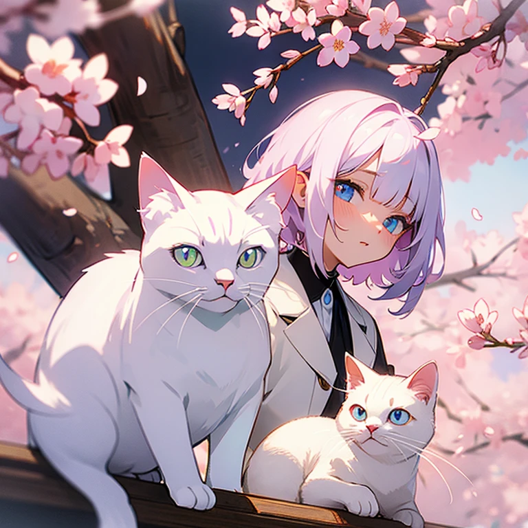 Odd-eyed white cat and cherry blossoms