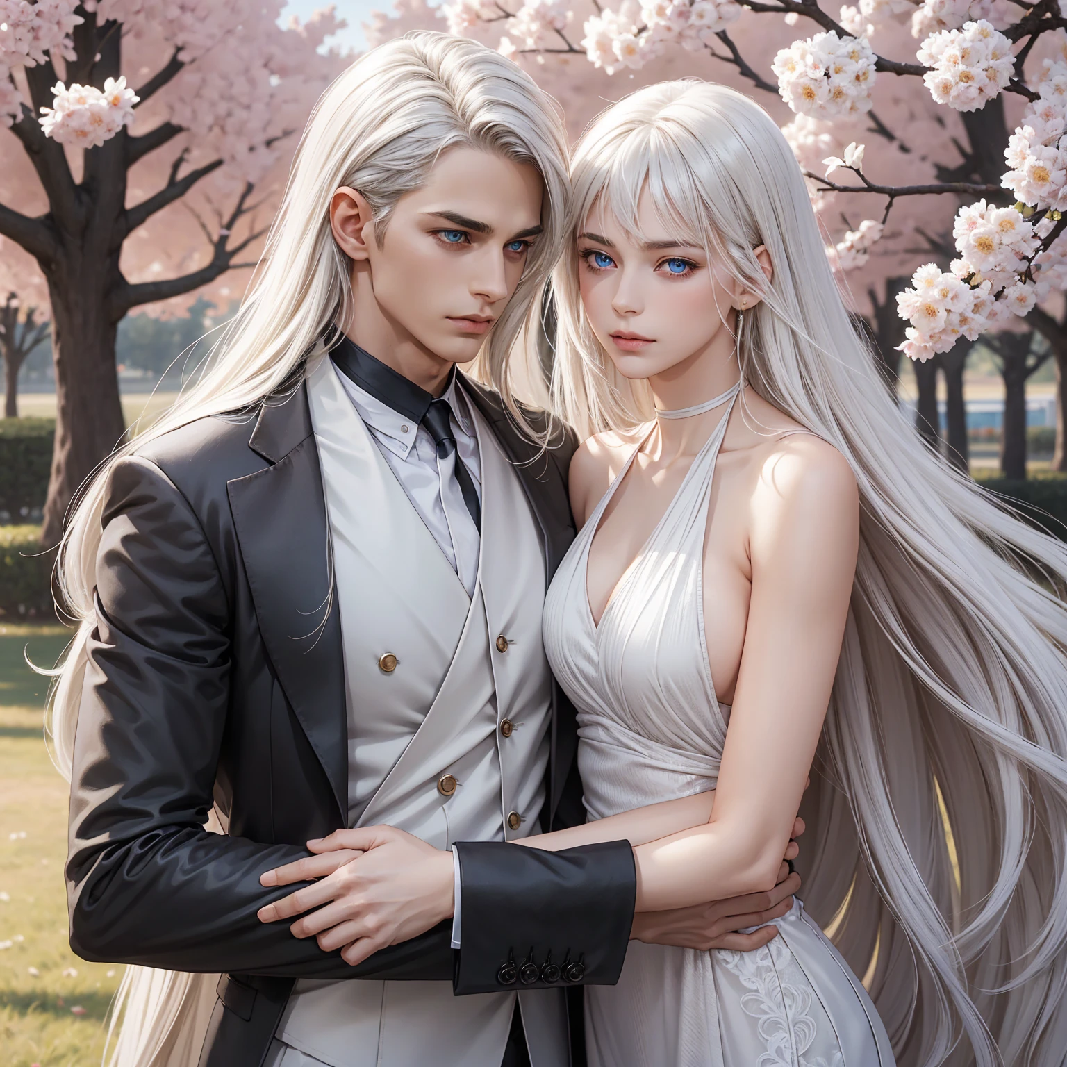 In the arms of a very handsome, majestic, masculine, athletic, attractive young man with long straight white hair, tanned skin, gray-blue eyes, dressed in a light business suit, there is an incredibly beautiful delicate fragile young woman in a flowing white Greek-style dress, she has blue eyes, long golden hair, long bangs. They are in love with each other, he gently hugs her. Blooming park, cherry trees. full-length image. realistic image, full-length image. careful drawing of a delicate face type, Masterpiece, 8k. full-length image, realistic image, detailed image. an extremely detailed illustration, a real masterpiece, of the highest quality, with careful drawing. shading with shadows. an attractive type of face.