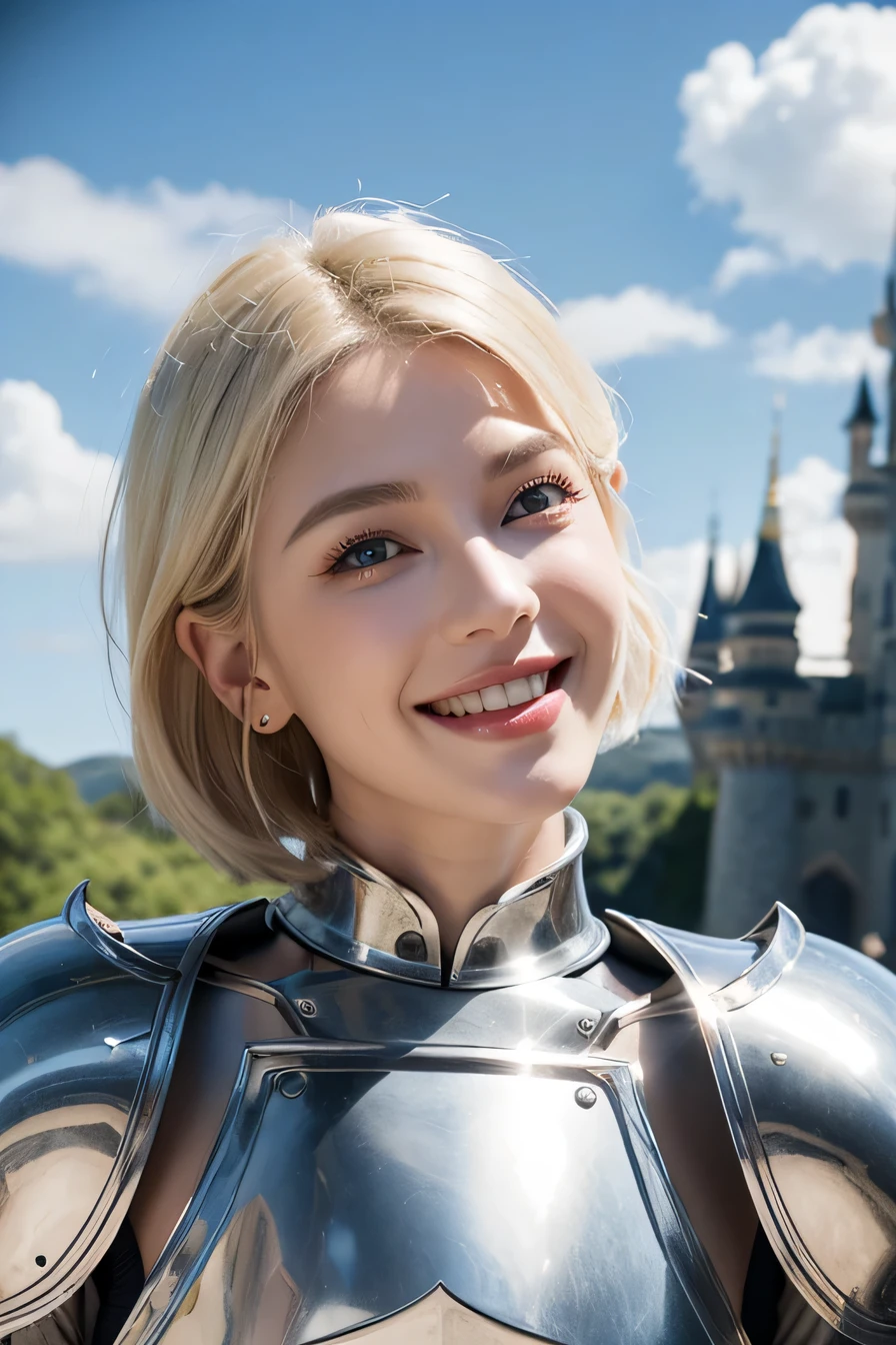 highest quality、female knight、The background is a castle、Luxurious Silver Armor、heavy equipment、hairstyle short cut、smile、beautiful teeth、full body photo、ear piercing、white woman、blonde hair、blue eyes、Gummy Smile、The background is a cloudy sky、heavy makeup、mouth half open

